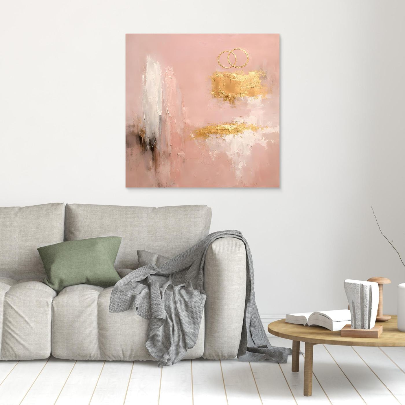 Leinwand Abstraktes Hochzeitsgemälde in Altrosa und Gold | Modernes Wandbild Eheringe