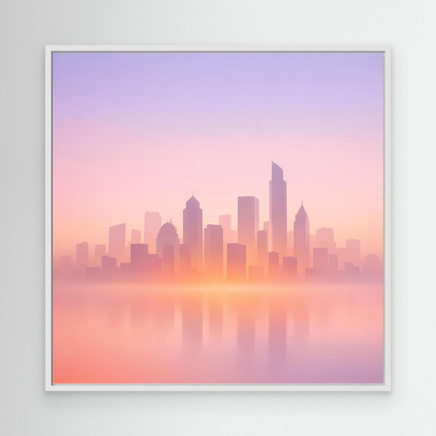 Leinwand-Wandbild Skyline im Pastellrosa, weißer Rahmen, mit Dunst und Reflexion
