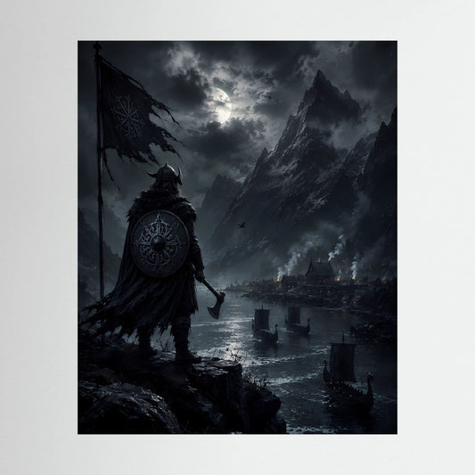 Hochformatiges Poster mit Wikingerkrieger auf Felsklippe bei Nacht und Fjord mit Langschiffen