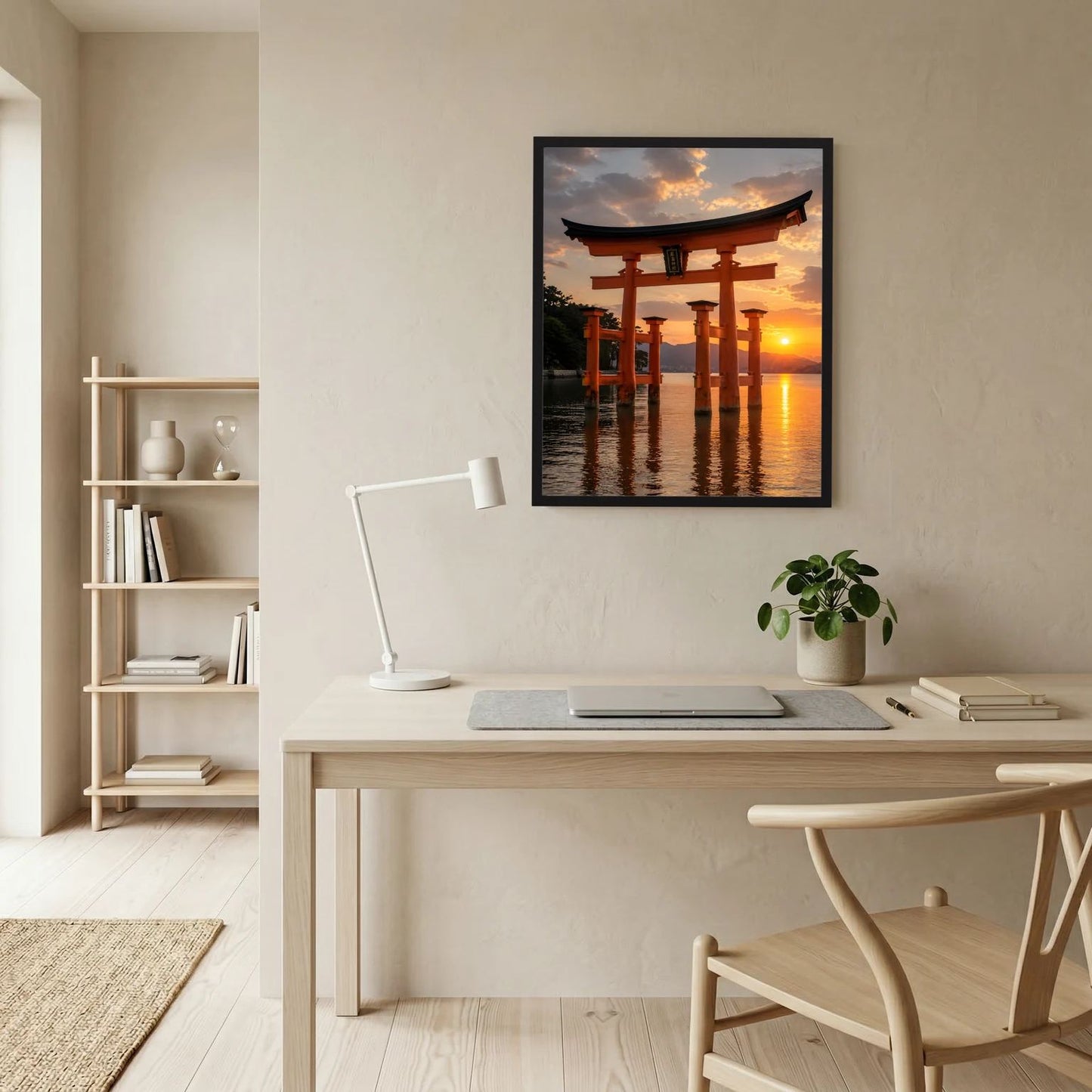 Gerahmtes Poster mit roten Torii-Toren am Wasser bei Sonnenuntergang