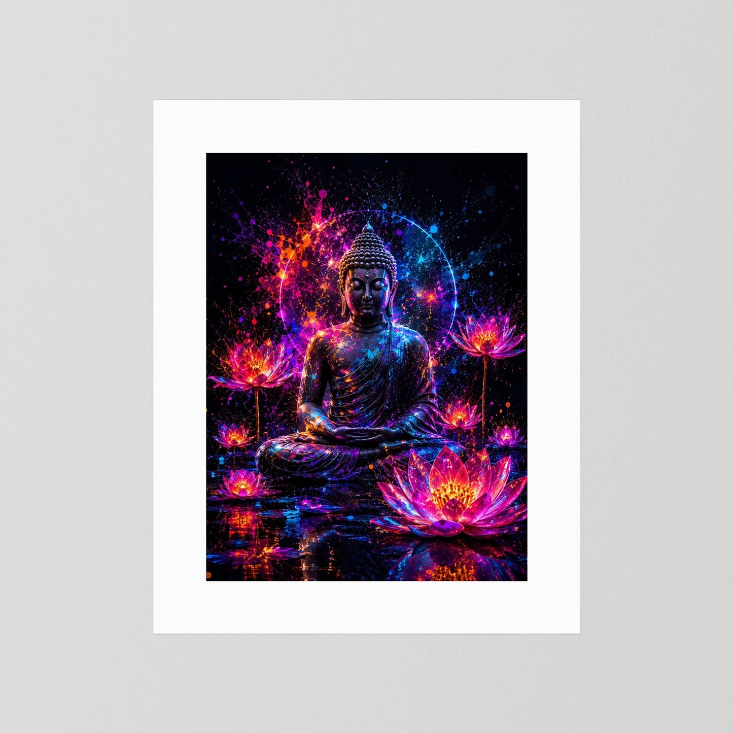 Neon-Buddha-Poster mit Lotusblüten, pink-blauer Neonoptik, ohne Rahmen