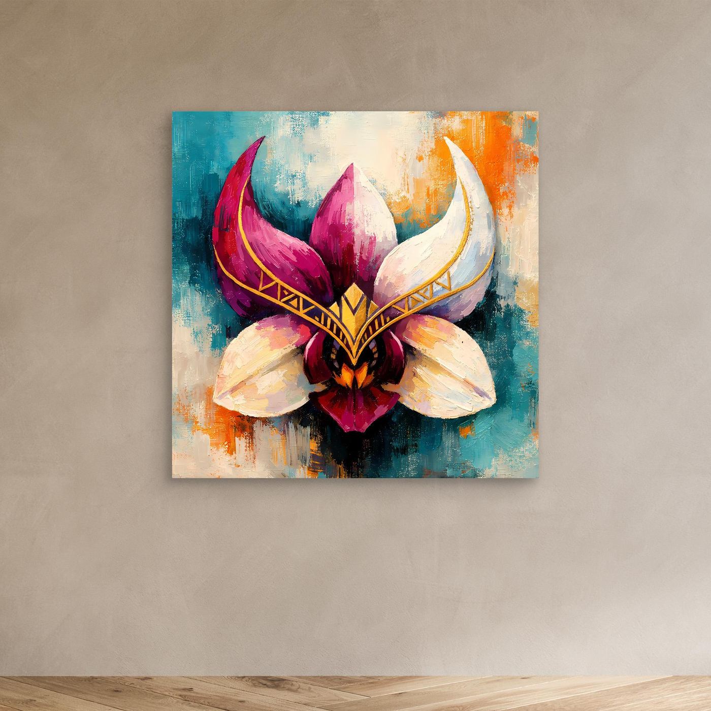 Premium Leinwand Mystische Orchideen-Maske in Gold | Abstraktes Florales Wandbild im Fantasy-Stil