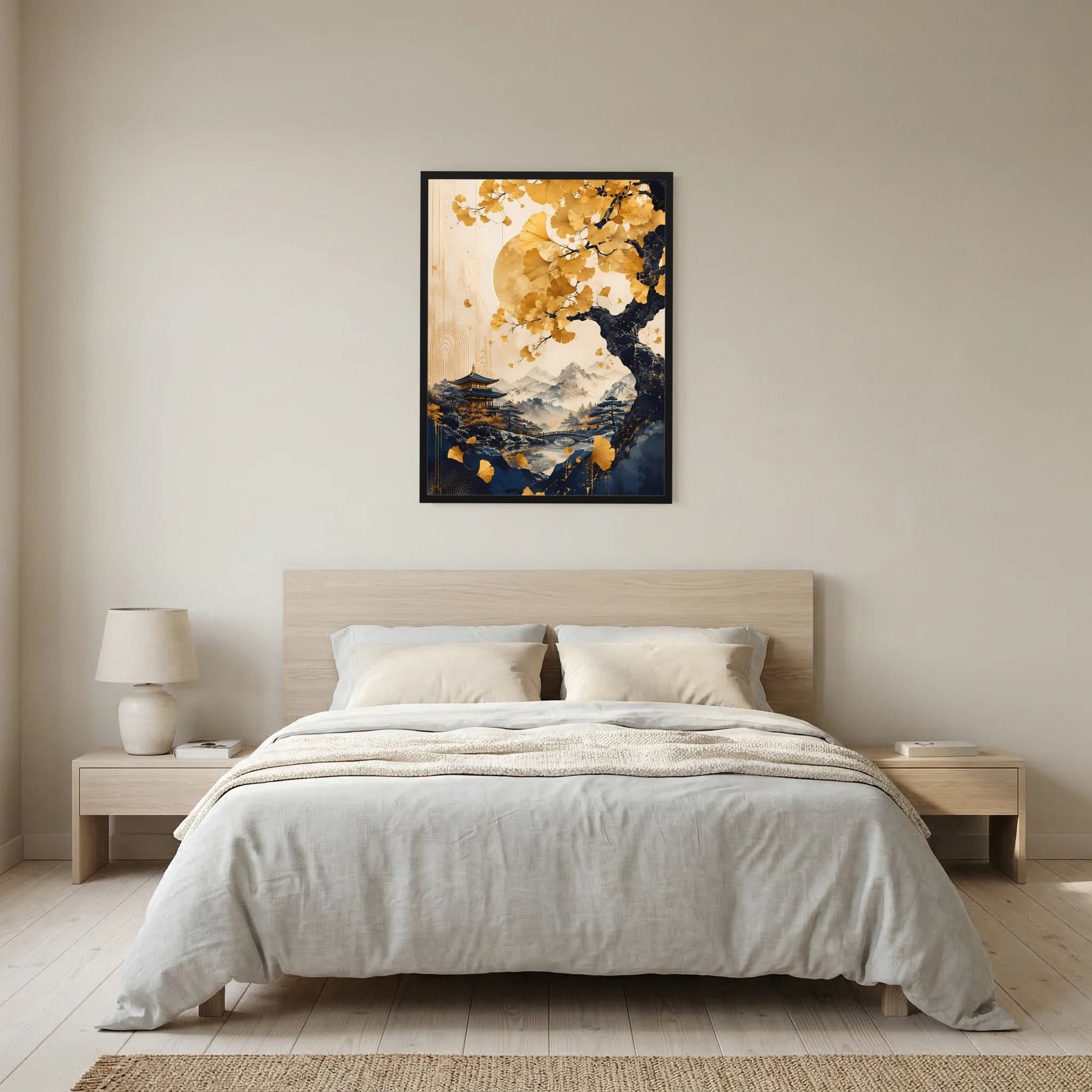 Hochformat-Poster im schwarzen Rahmen: goldener Ginkgobaum, Berglandschaft