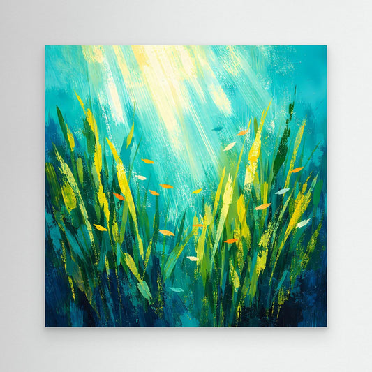 Leinwand Lichtdurchfluteter Algenwald unter Wasser | Abstraktes Ozean Wandbild