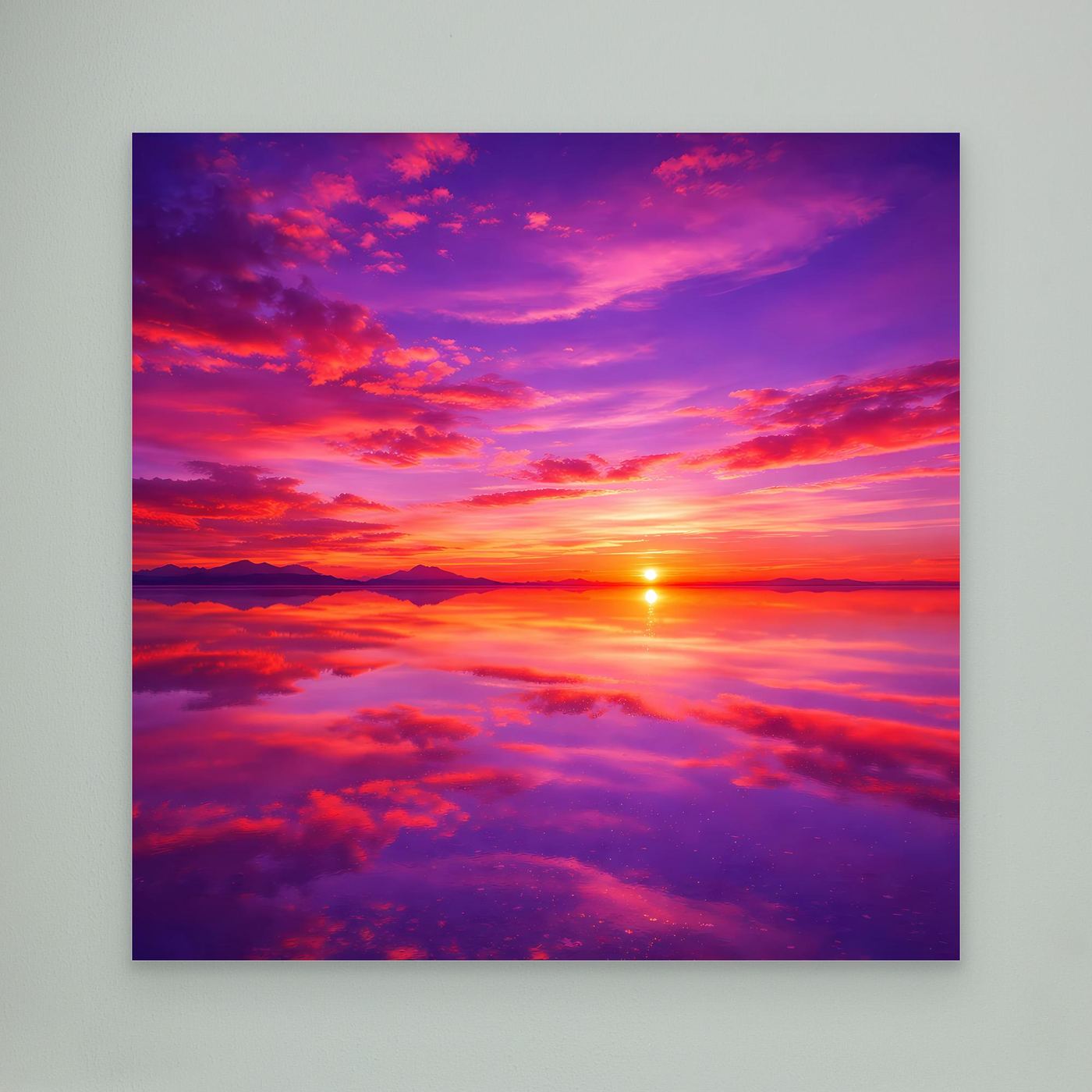 Leinwandbild mit Sonnenuntergangsmotiv, bunte Wolken und tiefes Lila, ohne sichtbaren Rahmen