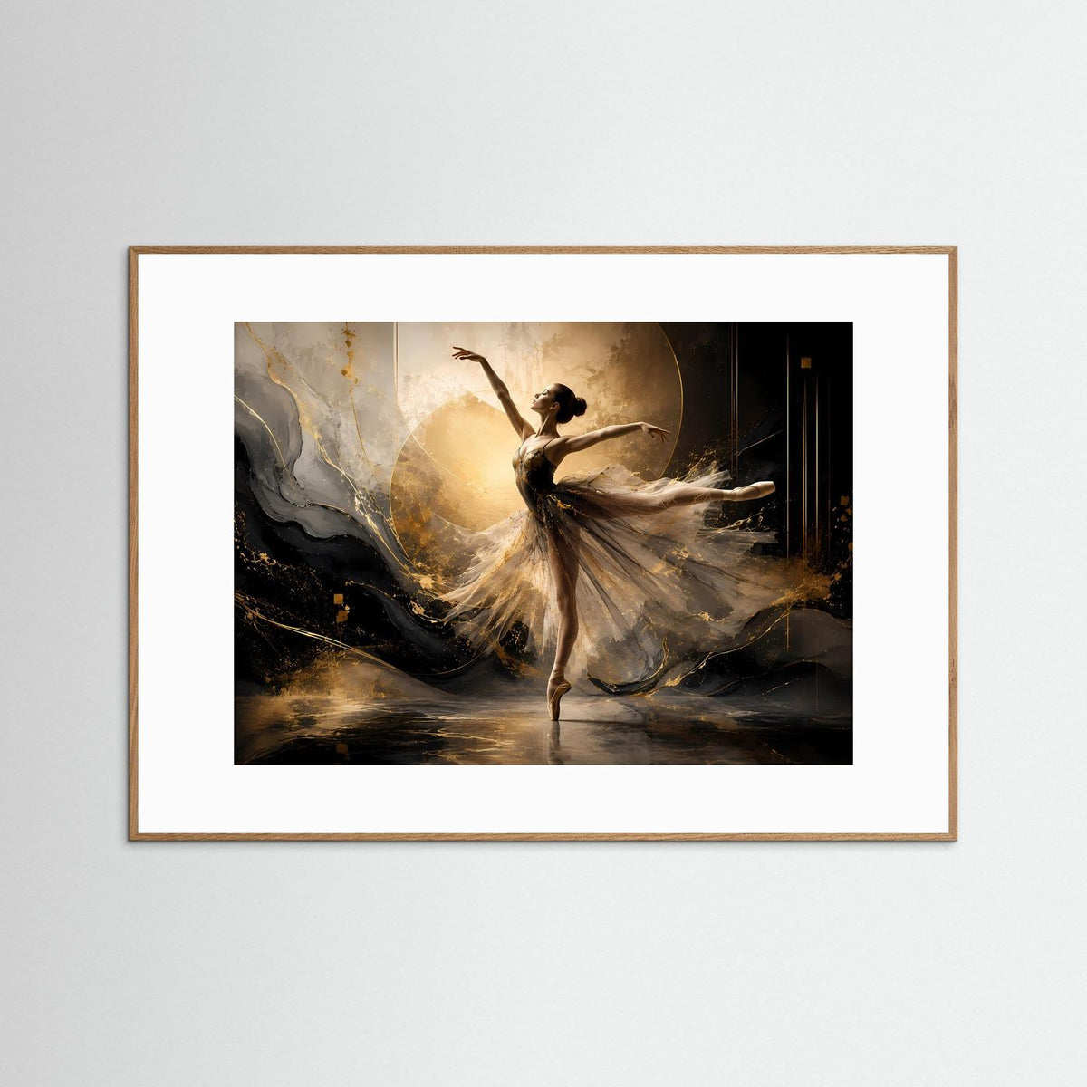 Poster Querformat mit tanzender Ballerina: schwarz, Creme und Gold, brauner Holzrahmen
