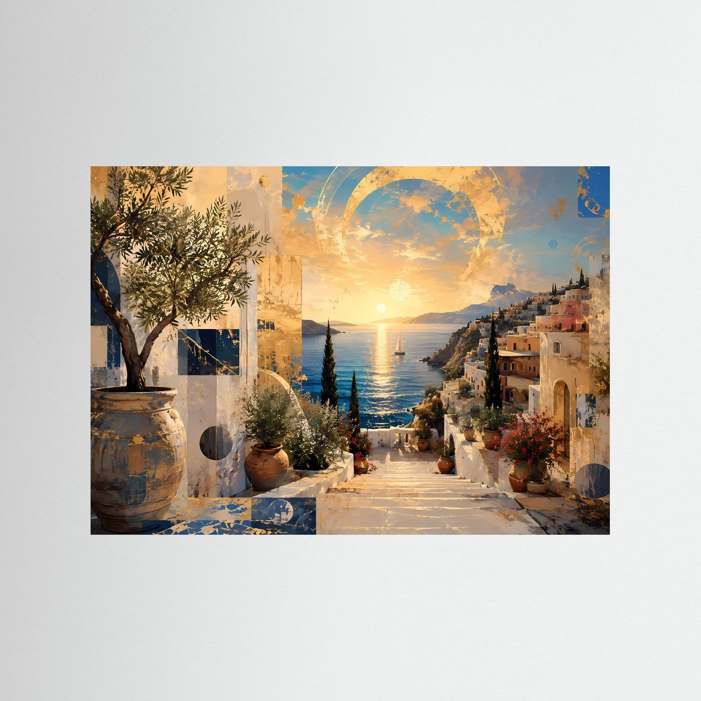 Mediterrane Küste mit Olivenbaum | Abstrakte Wandkunst in Gold & Blau