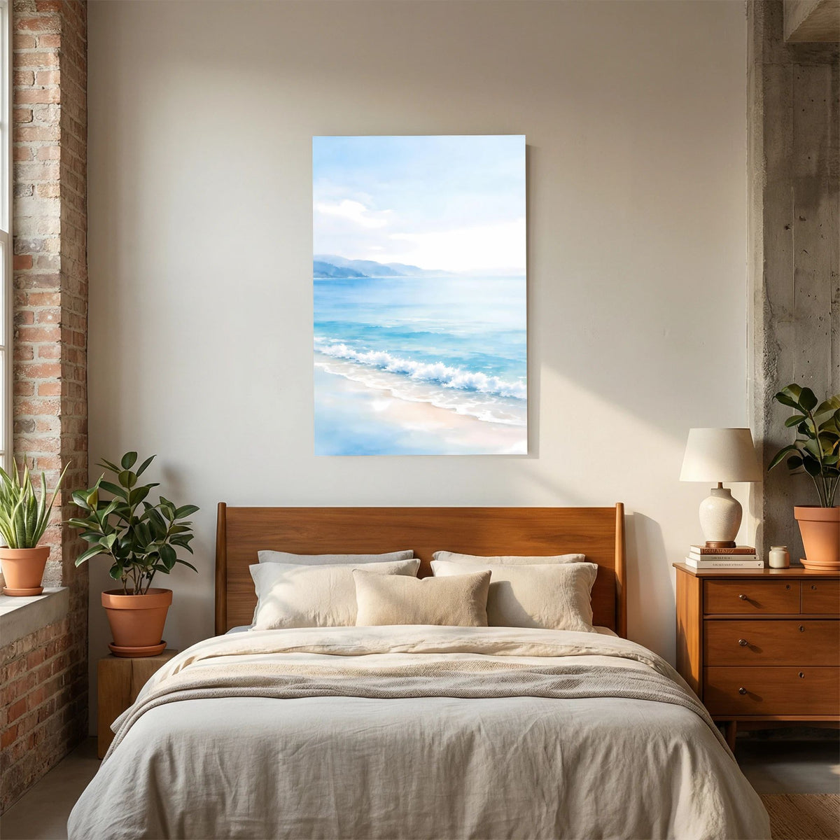 Hochformat-Wandbild Meerblick mit Küstenhorizont, blauen Farbtönen und schäumender Brandung
