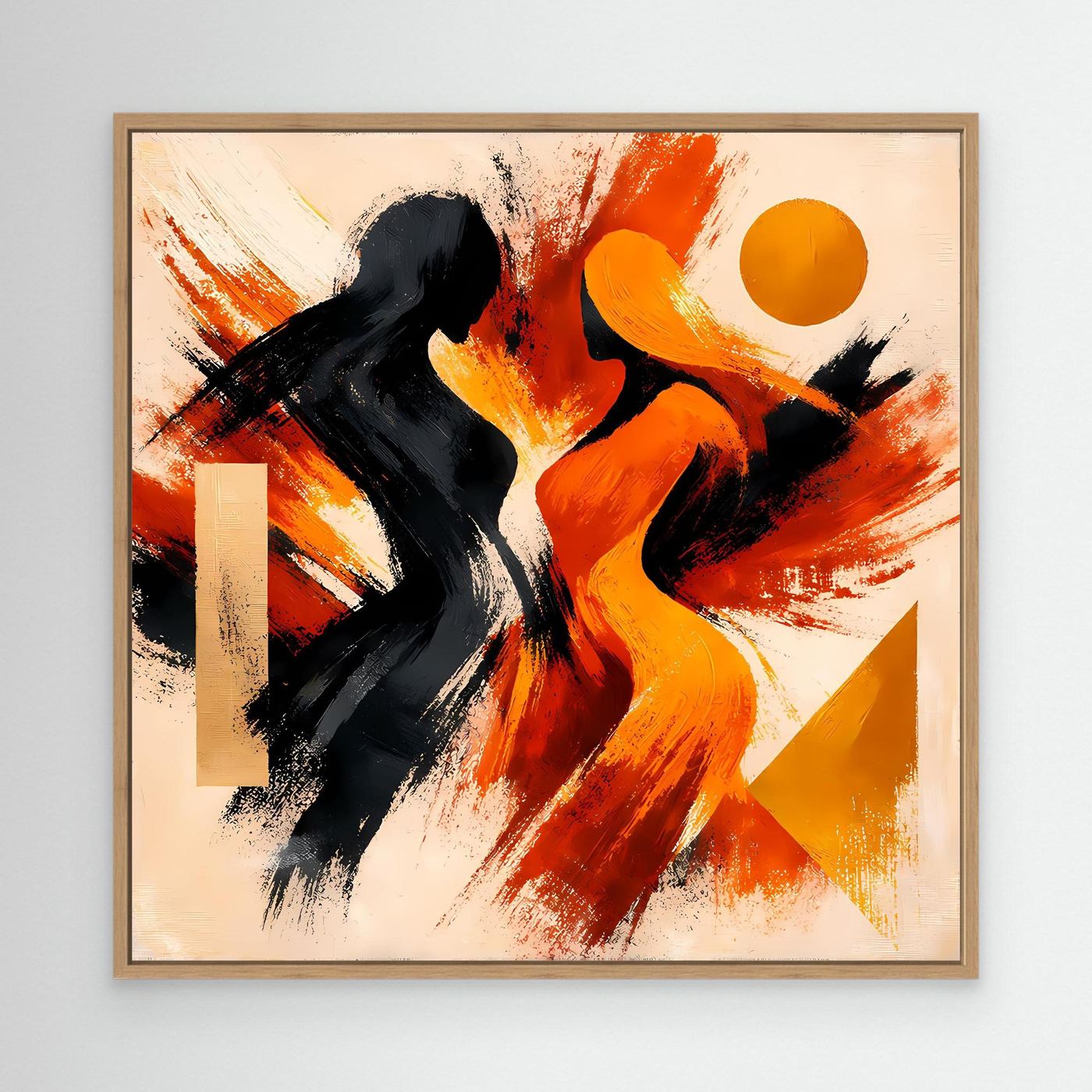 Gerahmtes abstraktes Wandbild mit schwarzen und orangefarbenen Silhouetten, Sonne und Strichen