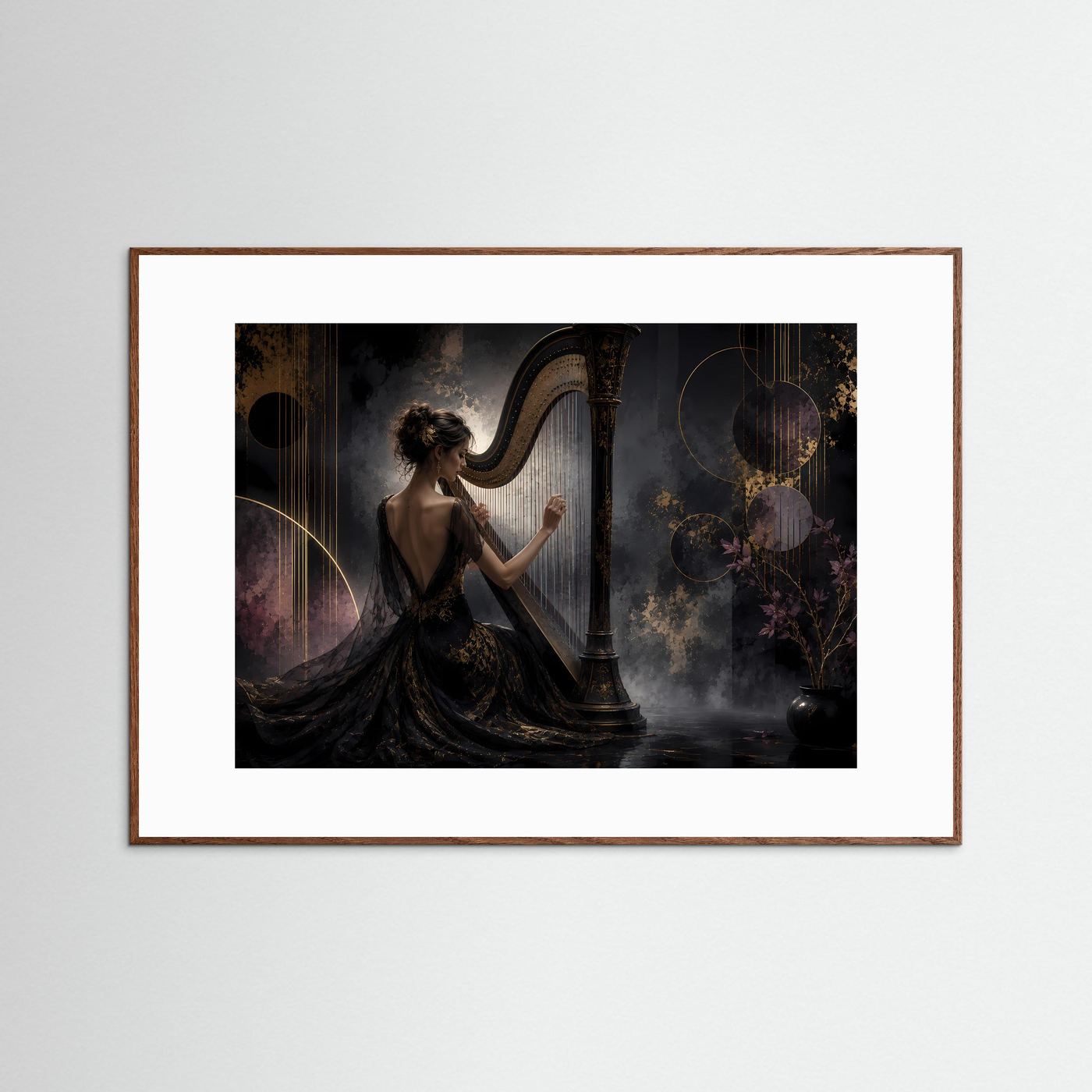 Elegante Harfenklänge in Schwarz & Gold | Klassische Musik & Luxus Poster Querformat