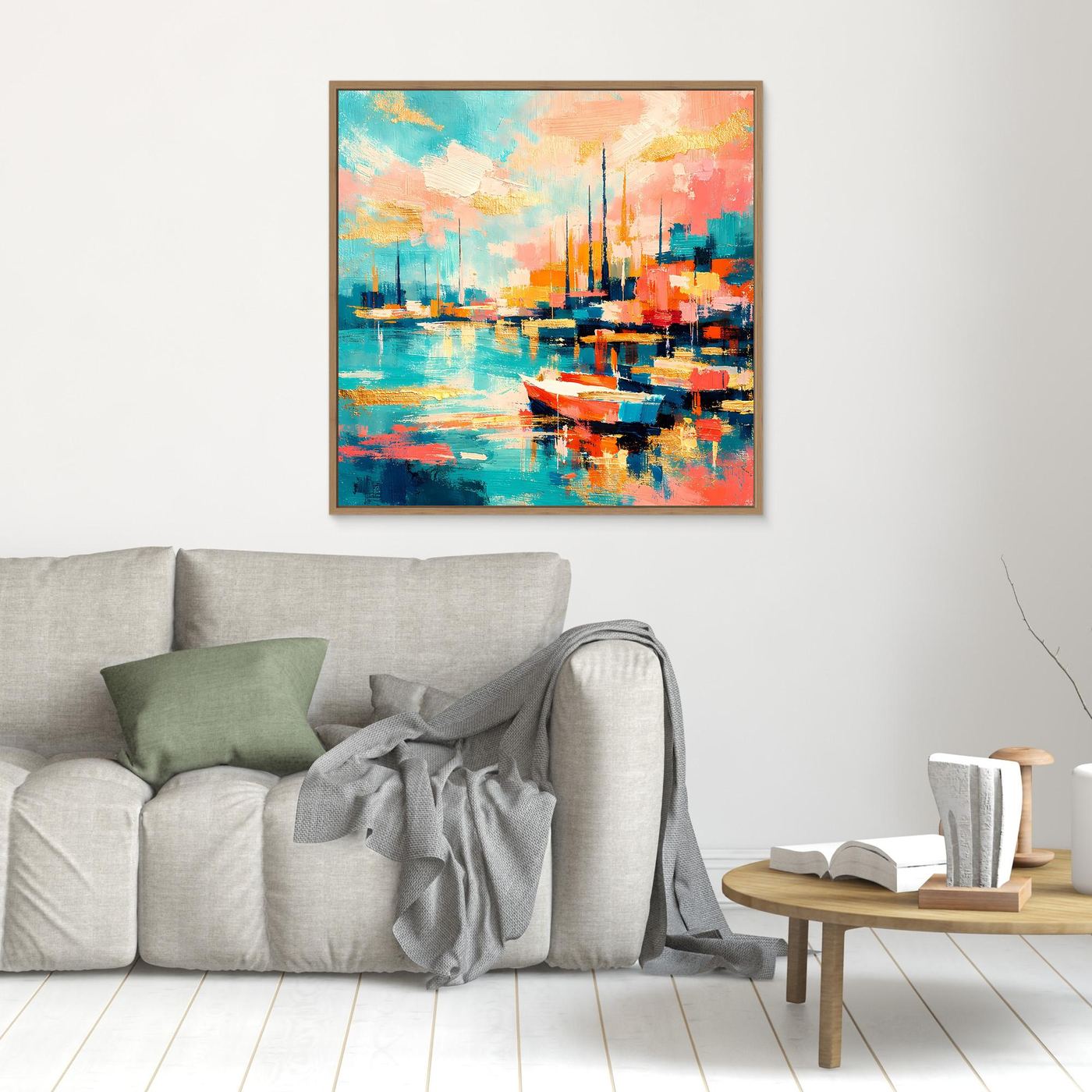 Leinwandbild Hafenbecken mit bunten Booten, brauner Rahmen