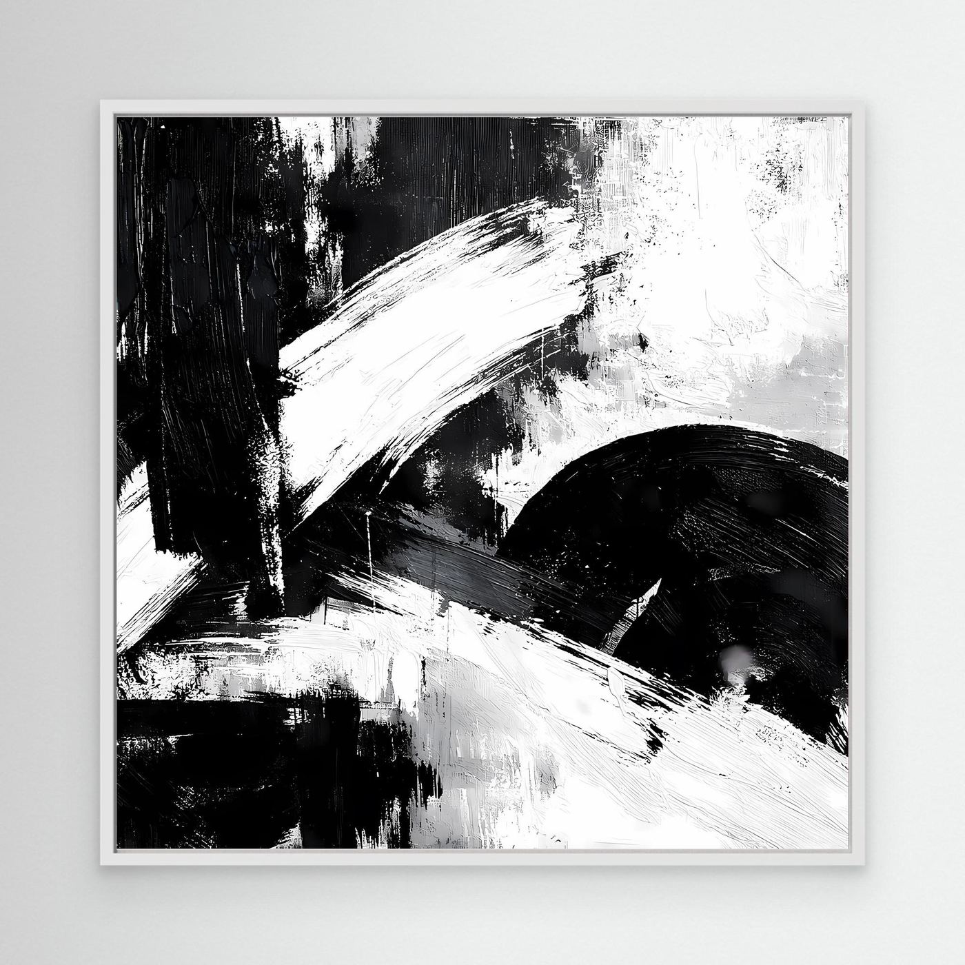 Leinwand-Wandbild mit abstrakten Schwarz-Weiß Pinselstrichen, weißer Rahmen