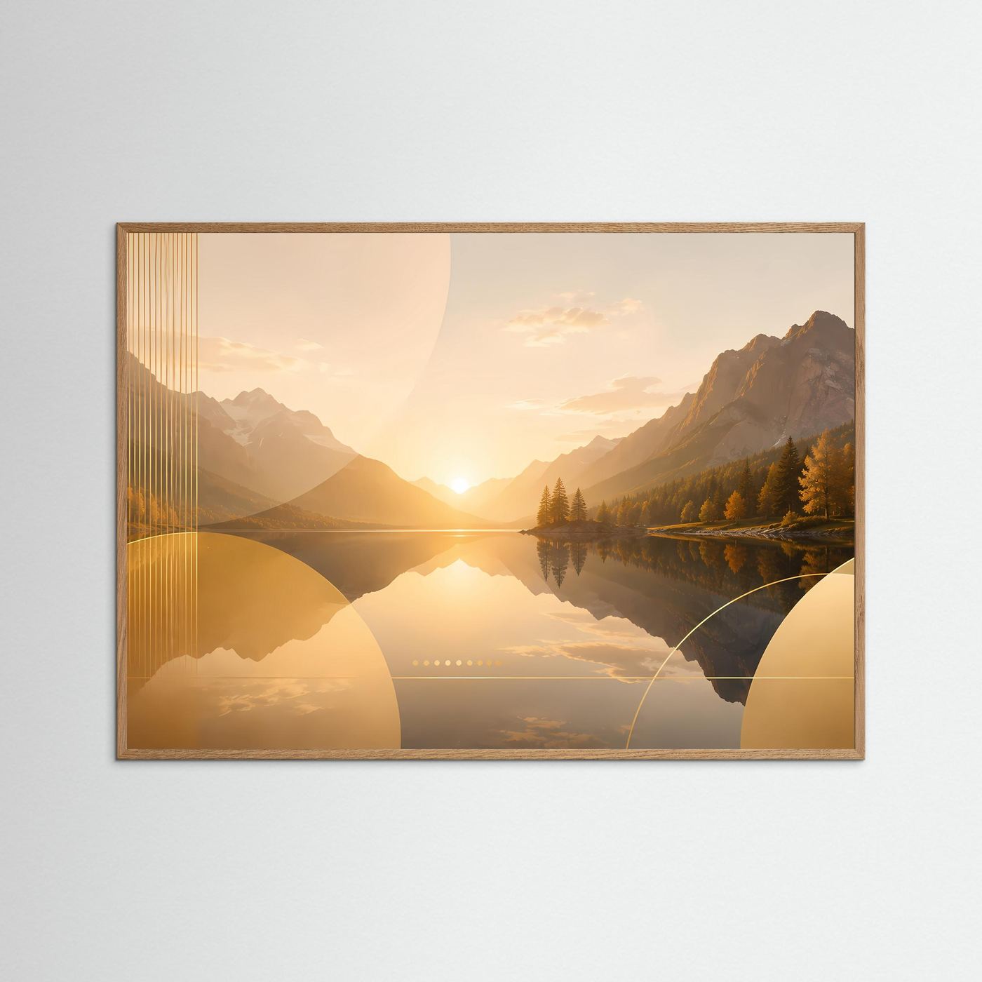 Bergsee Poster Querformat | Goldene Berglandschaft bei Sonnenuntergang | Elegantes Natur Wandbild mit See, Bergen & Herbstwald