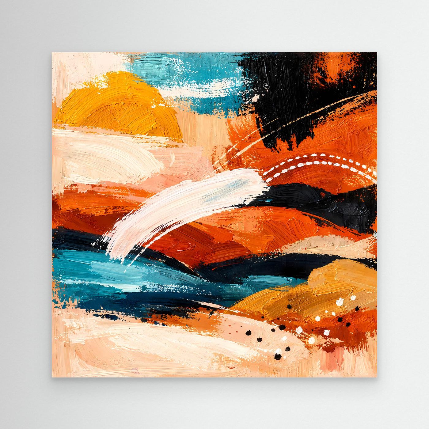 Abstract canvas wall art with terracotta, turquoise, black and white brushstrokes