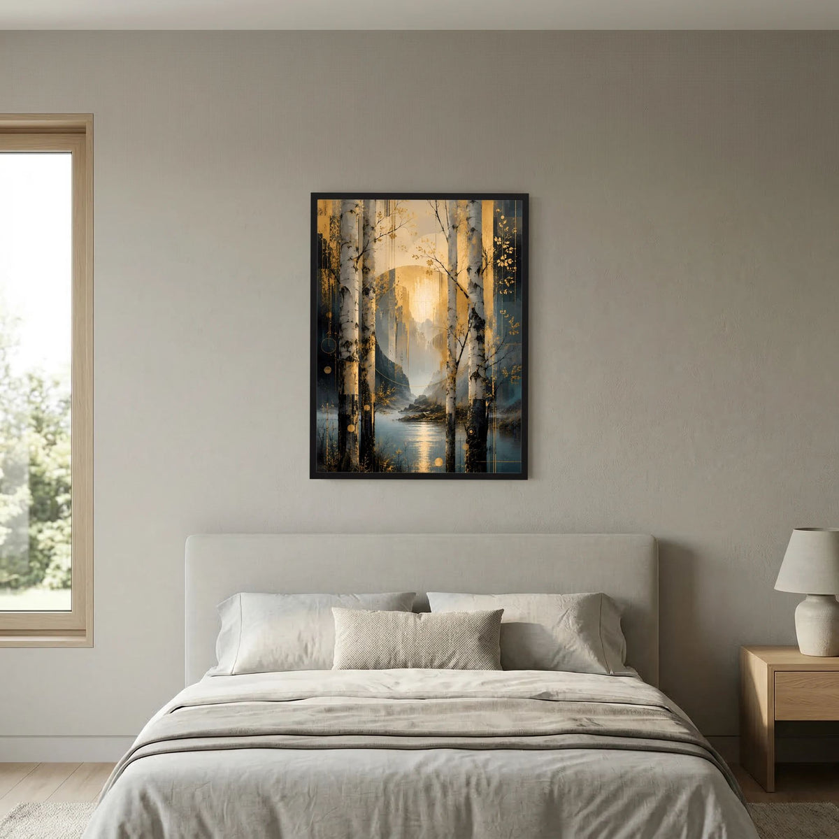 Gerahmtes Poster mit Birken und Wasser im abstrakten Stil, goldene Akzente, Petrolfarben