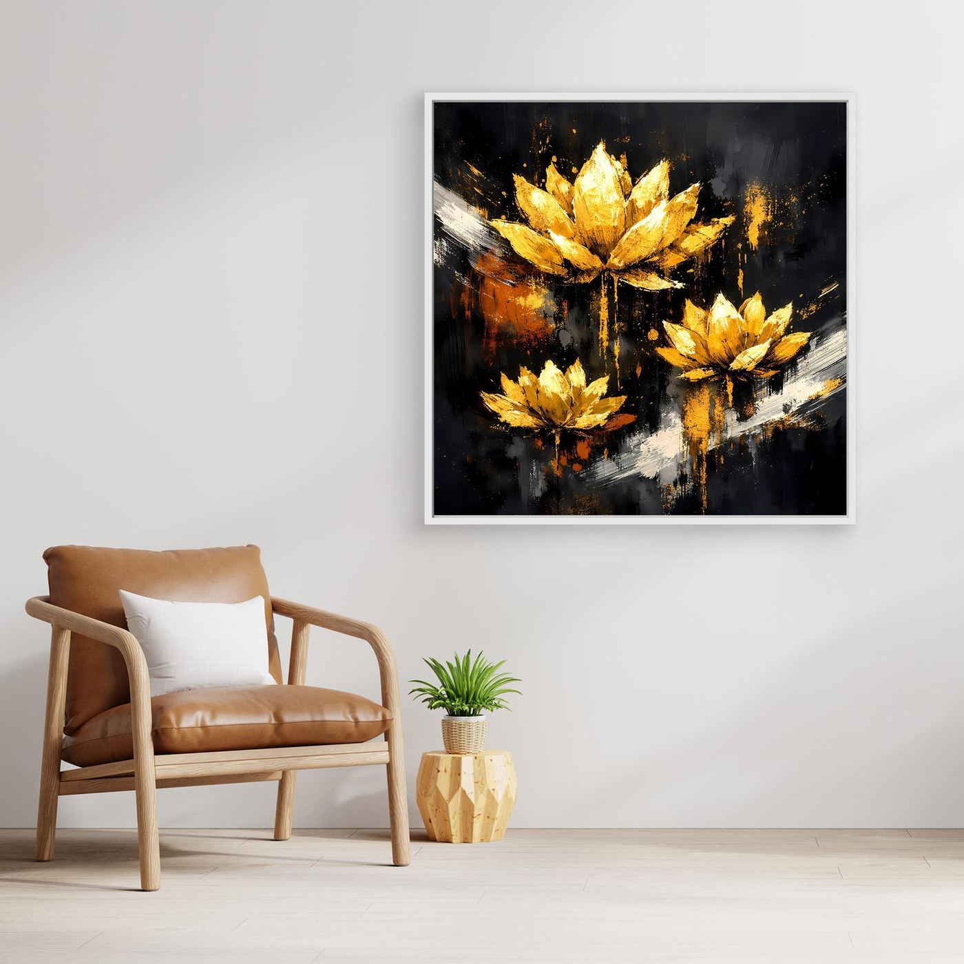 Leinwand Edle Lotusblüten in Gold und Schwarz | Modernes Florales Luxus Wandbild