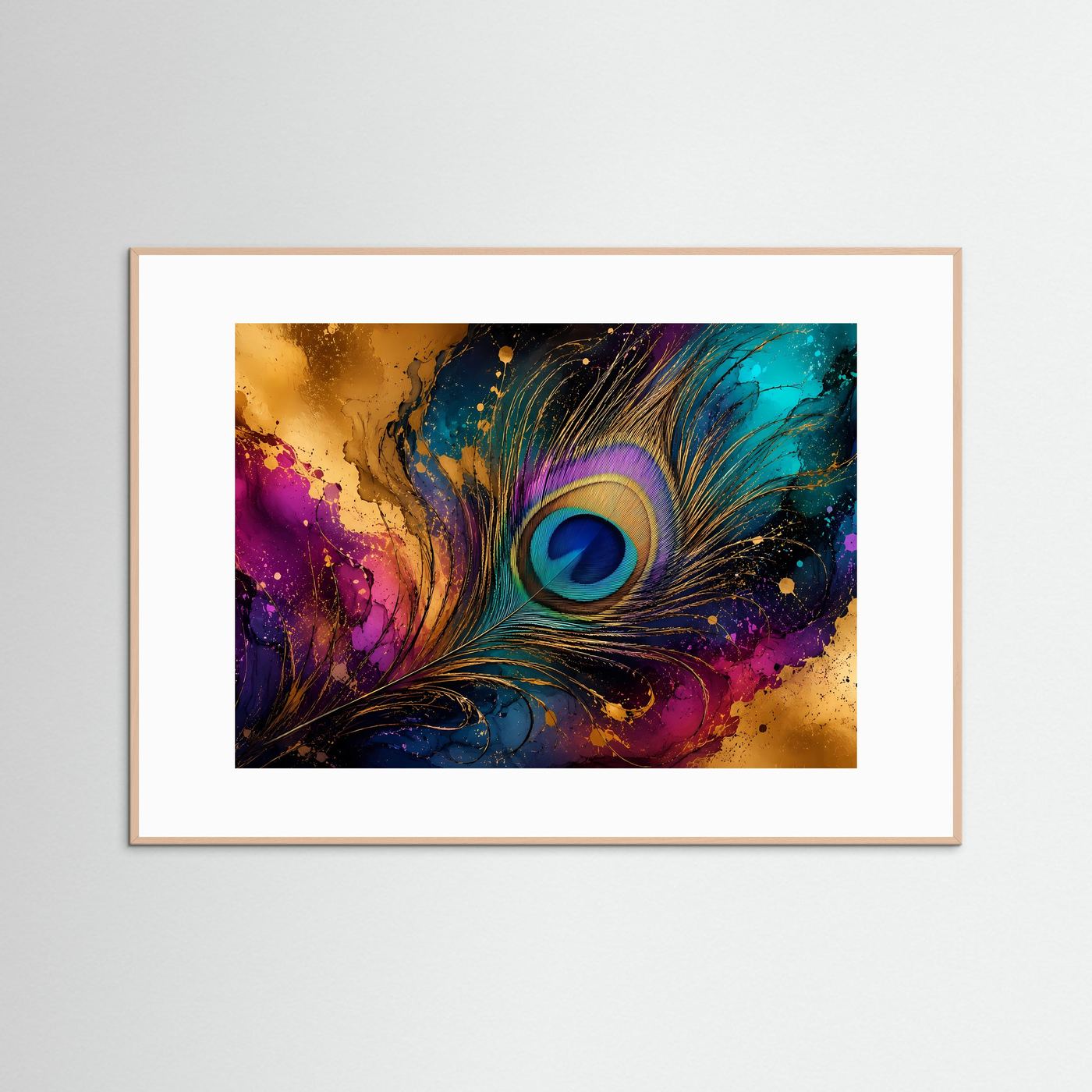 Pfauenfeder in Türkis & Gold | Abstrakte Elegante Wandkunst