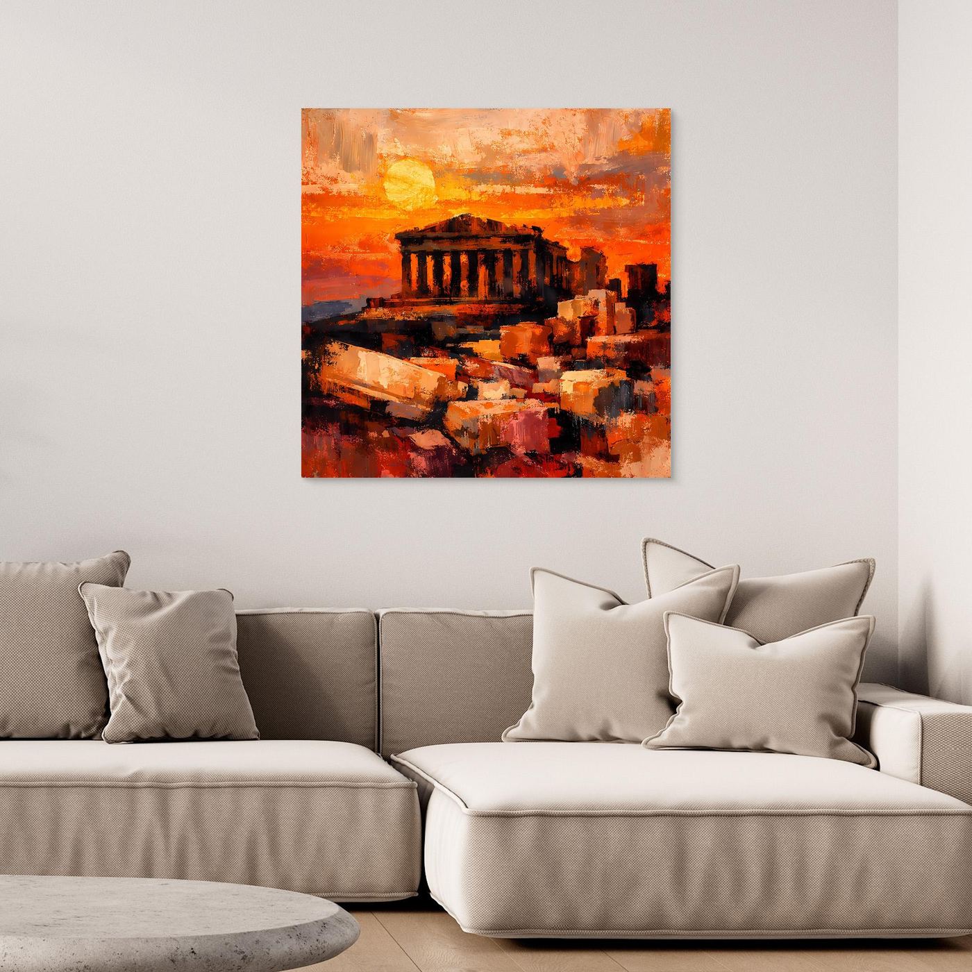 Leinwandbild mit abstraktem Akropolis-Sonnenuntergang, rechteckig, ohne sichtbaren Rahmen