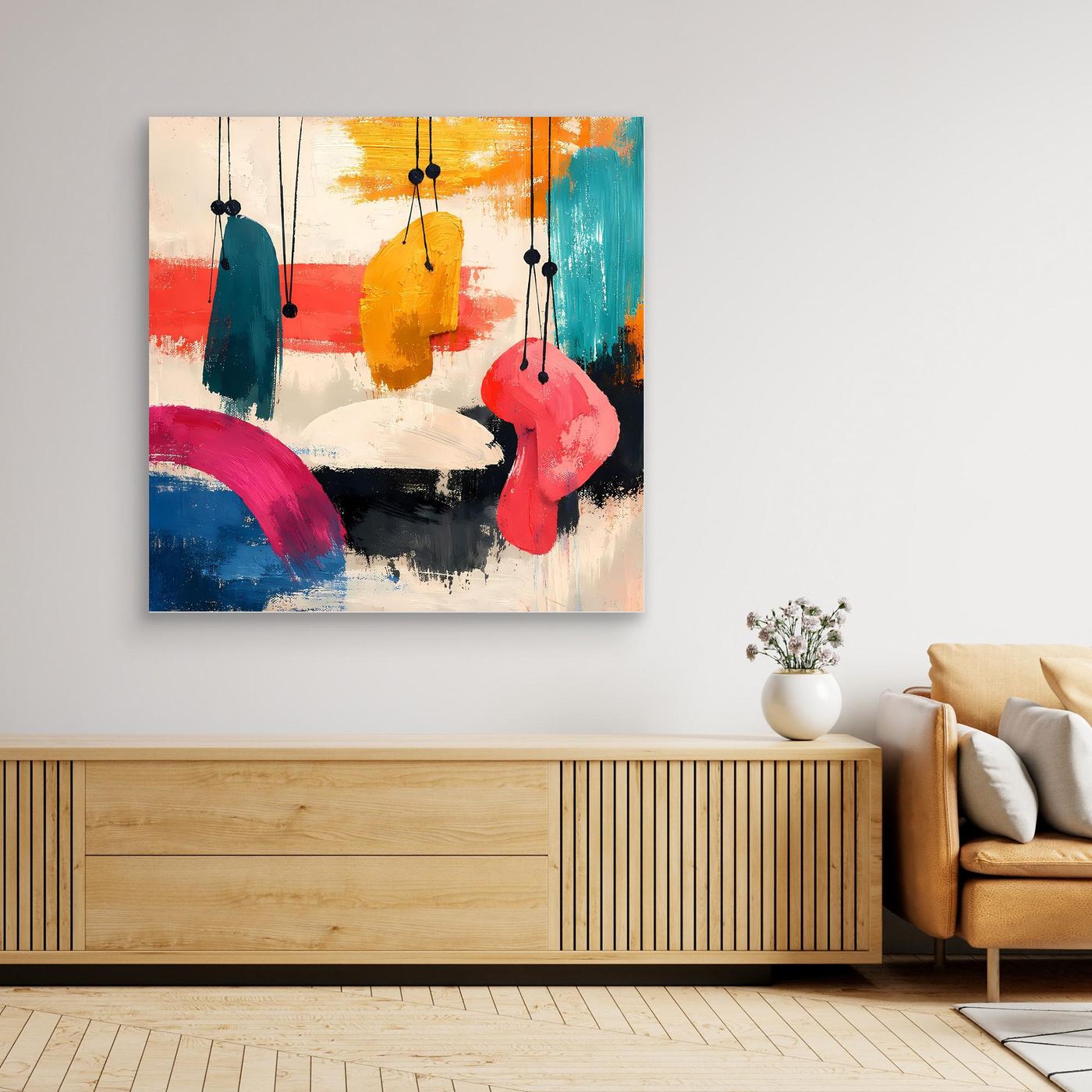 Framed abstract painting with colorful hanging organic shapes above a wooden sideboard