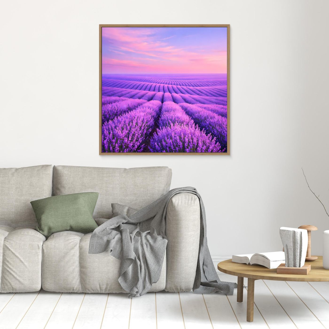 Kleines Leinwandbild Lavendelfeld mit rosa Himmel, brauner Holzrahmen