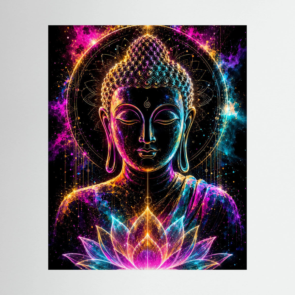 Neon-Kunstposter mit Buddha in Pink, Türkis und Gold, schwarze Einfassung mit Lotussymbol