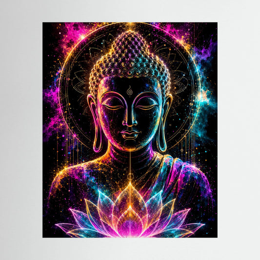 Neon-Kunstposter mit Buddha in Pink, Türkis und Gold, schwarze Einfassung mit Lotussymbol