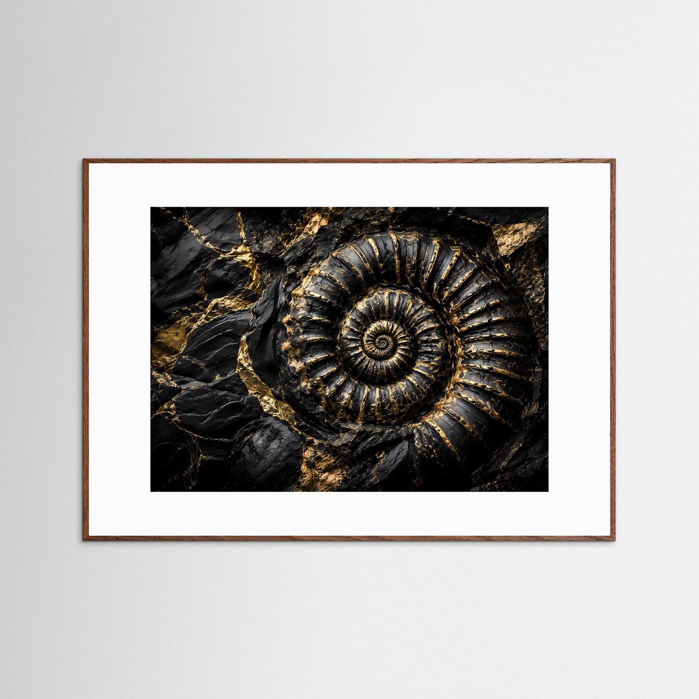 Ammonit Fossil Wandbild | Schwarz Gold Kunst | Geologie Poster | Luxus Leinwand | Prähistorische Natur Wanddeko | Moderne Wall Art