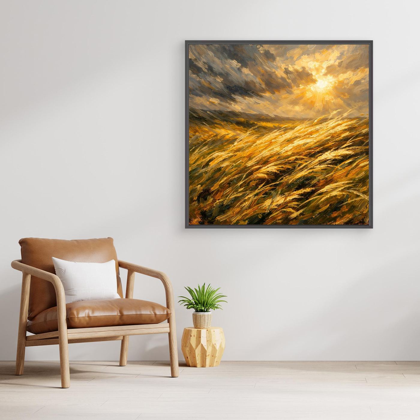 Gerahmtes Leinwandbild mit goldenem Getreidefeld und Sonne, quadratisch, schwarzer Rahmen