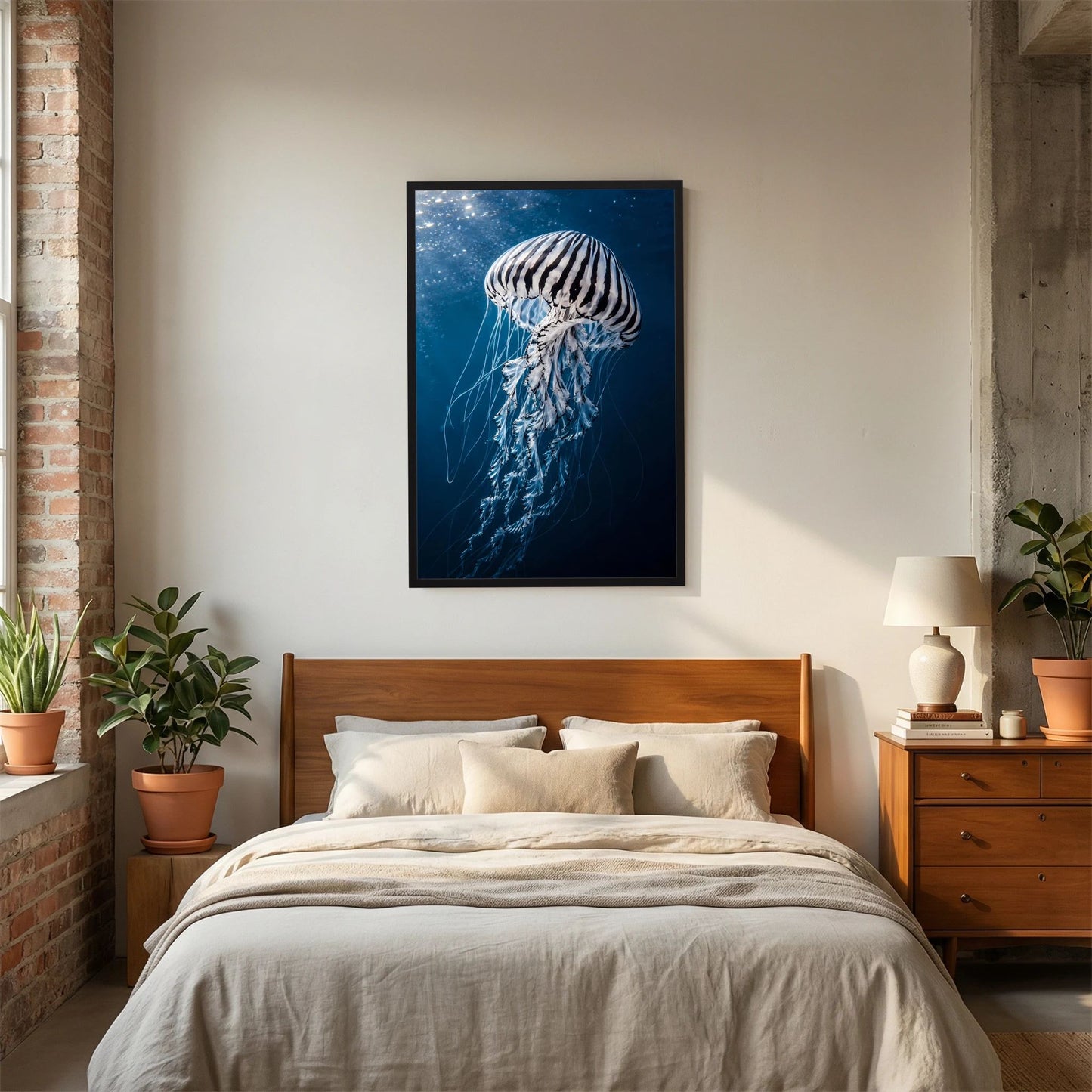 Poster mit Qualle im schwarzen Rahmen, vertikal: blaues Unterwasserbild mit weiß gestreifter Glocke