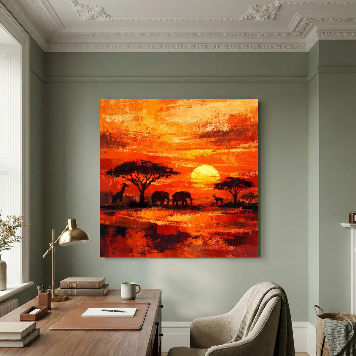 Leinwand-Wandbild mit Sonnenuntergang über afrikanischer Savanne, Tier- und Baum-Silhouetten
