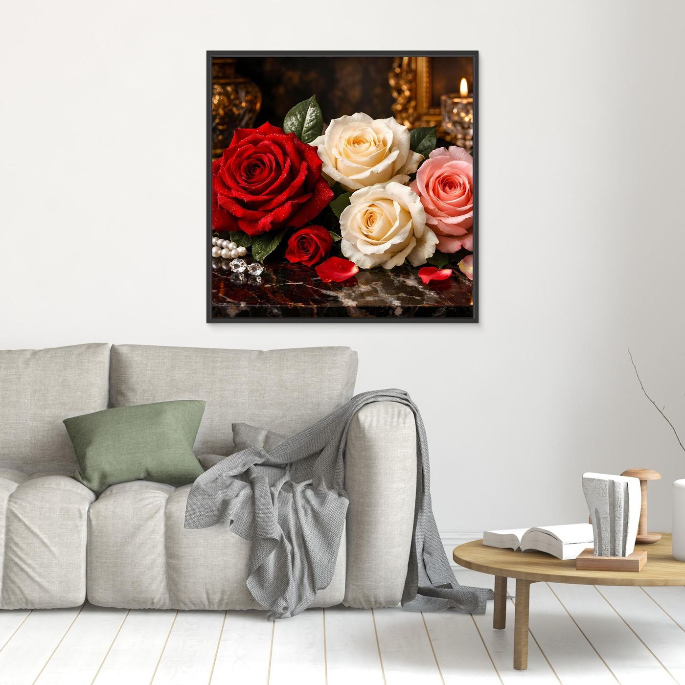 Wandbild Rosenstillleben mit roten und cremefarbenen Rosen, schwarzer Rahmen