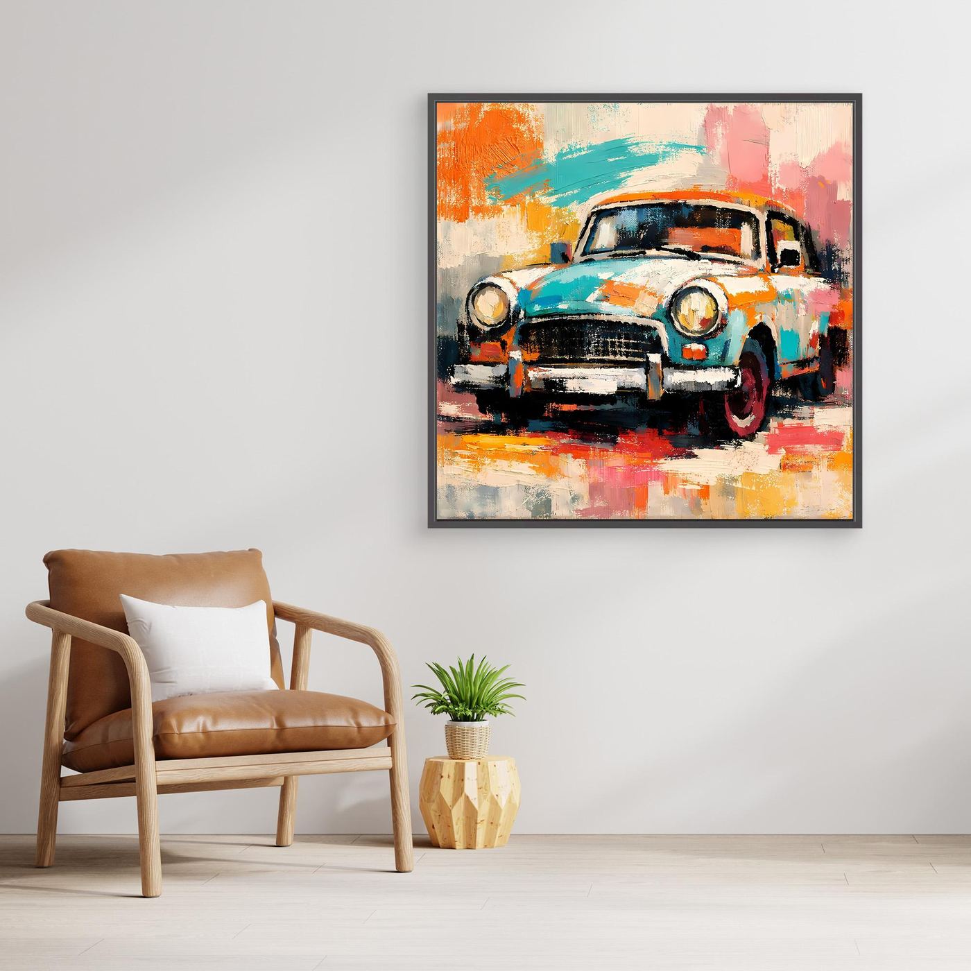 Abstract vintage car wall art with turquoise, orange, and pink brushstrokes in a dark frame