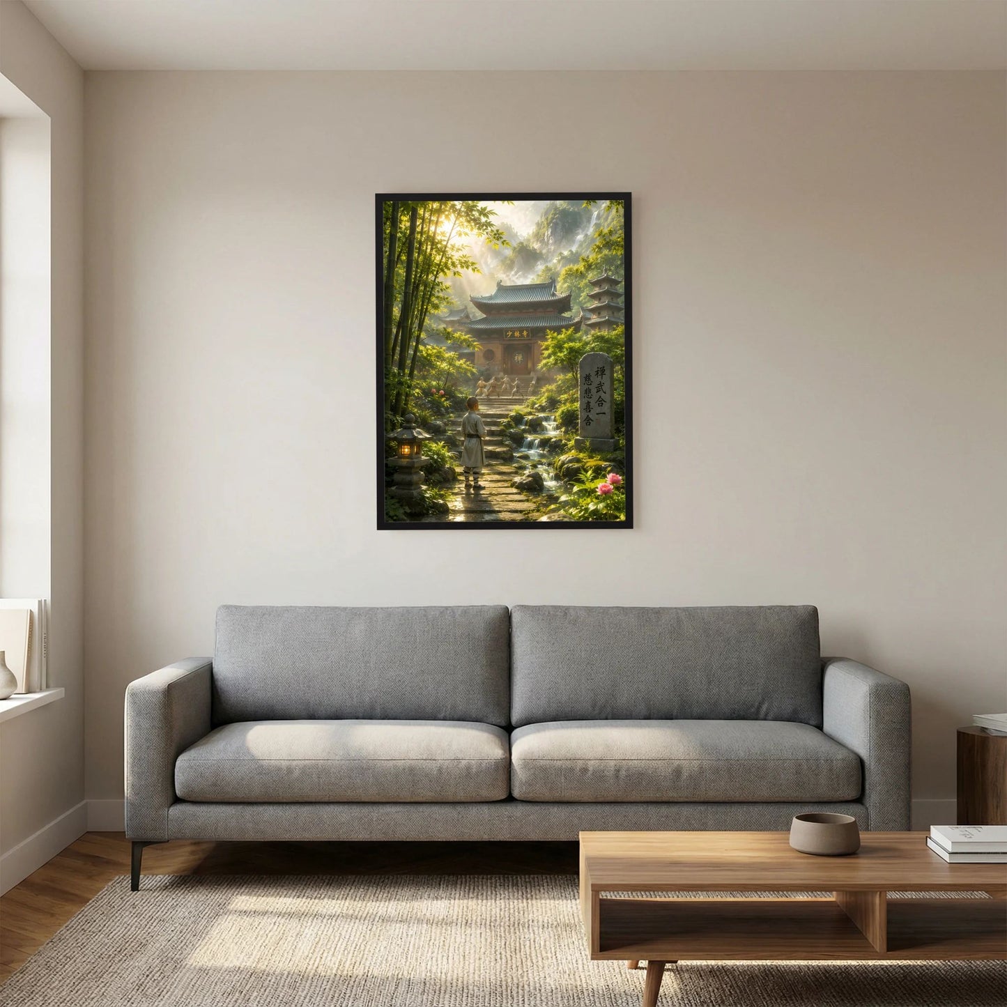 Hochformat-Poster mit schwarzem Rahmen, Blick in Bambuswald mit Tempel und Wasserlauf