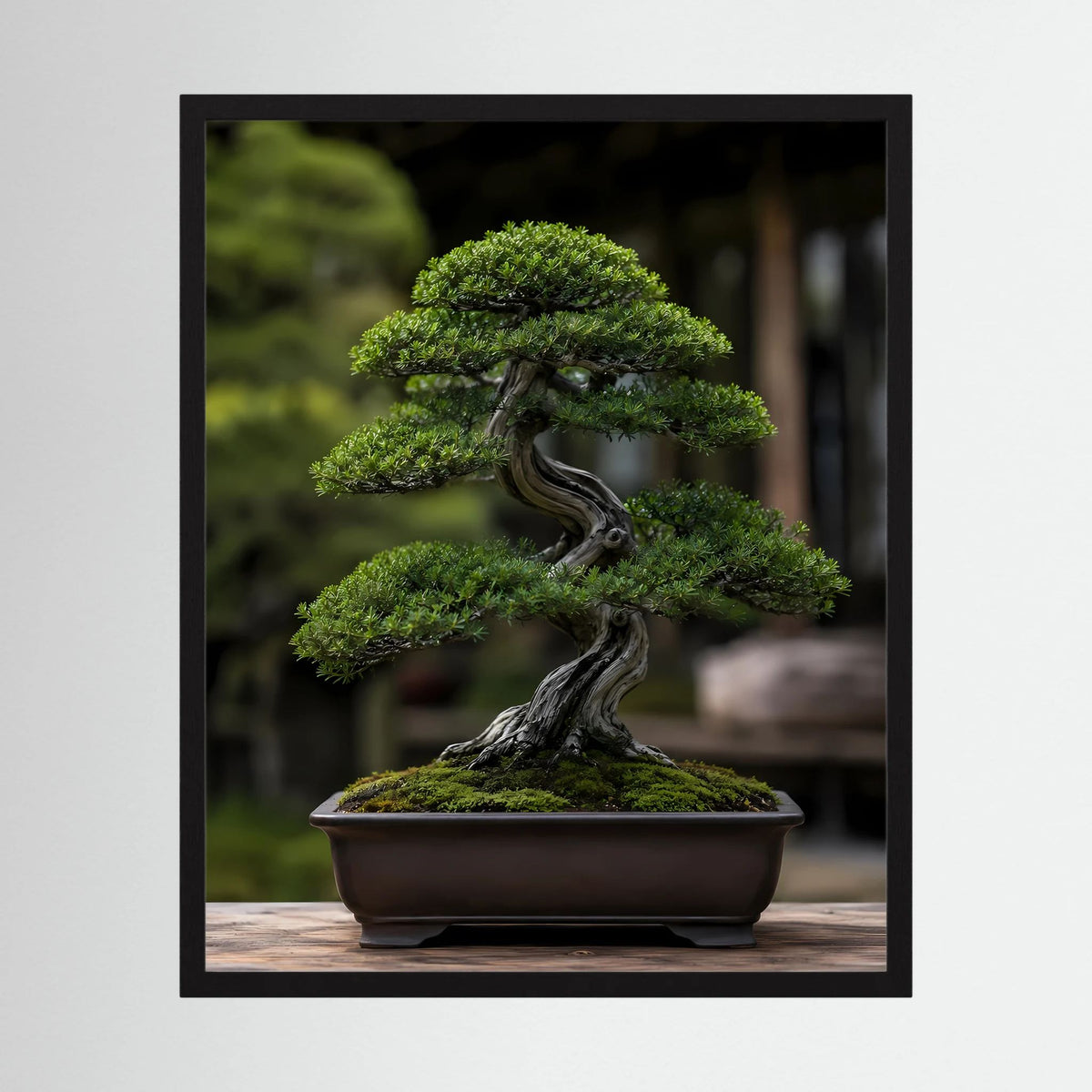 Vertikales Bonsai-Poster mit grünem Baum in dunkler Schale, im schwarzen Rahmen