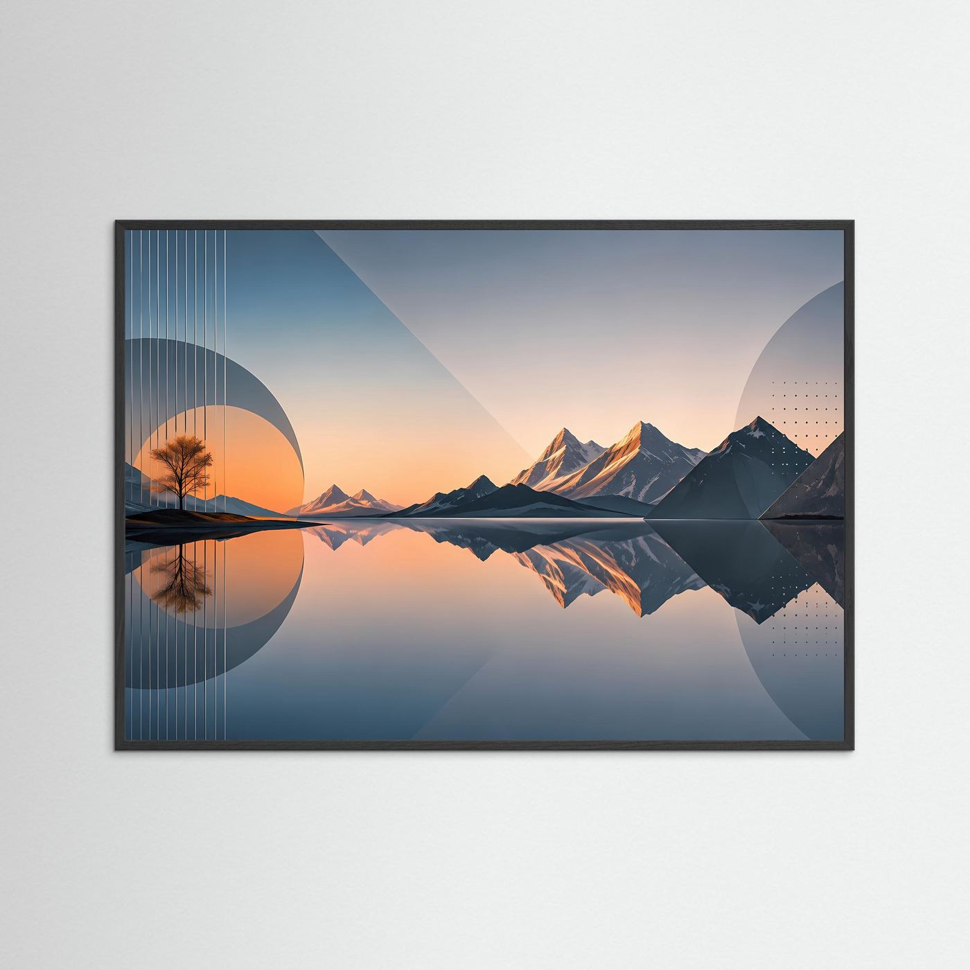 Poster im Querformat mit schwarzem Holzrahmen, abstrakte Berge und Spiegelung