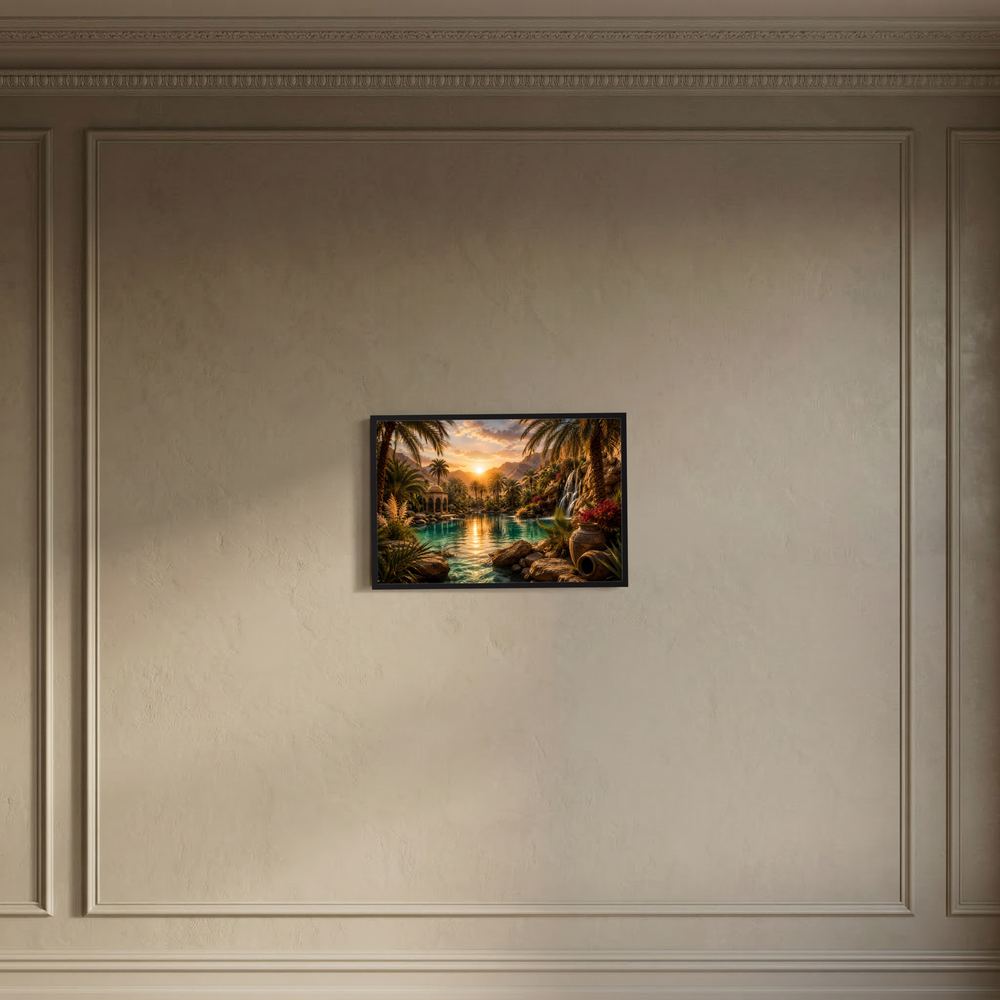 Kleines Poster im Querformat mit tropischer Flusslandschaft und Wasserfall bei Sonnenuntergang an Wand