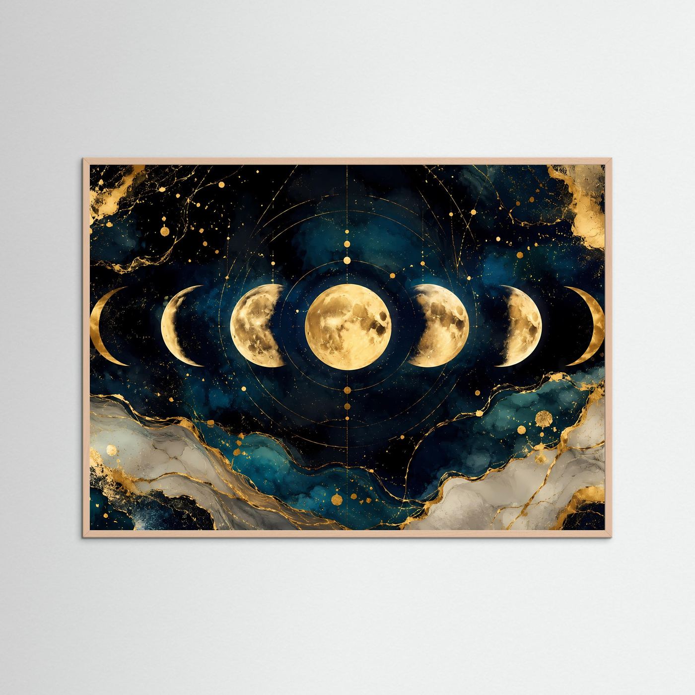 Mondphasen im Kosmos mit Gold | Spirituelles Universum & Astrologie Poster im Querformat