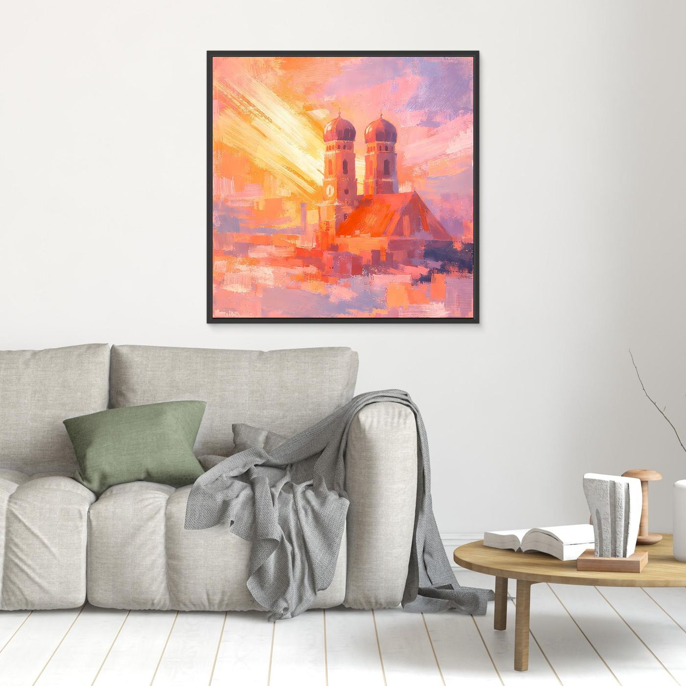 Premium Leinwand Frauenkirche München im Sonnenaufgang | Abstraktes Skyline Wandbild Bayern