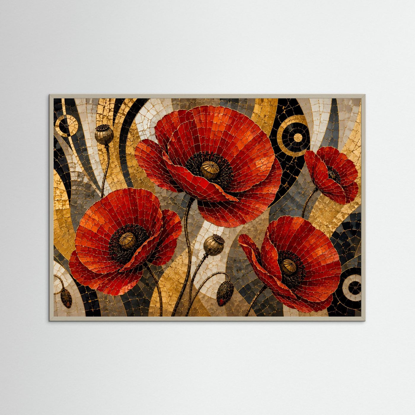 Querformat-Poster mit Mohnblumen im Mosaikstil in Rot, Schwarz und Gold, grauer Rahmen