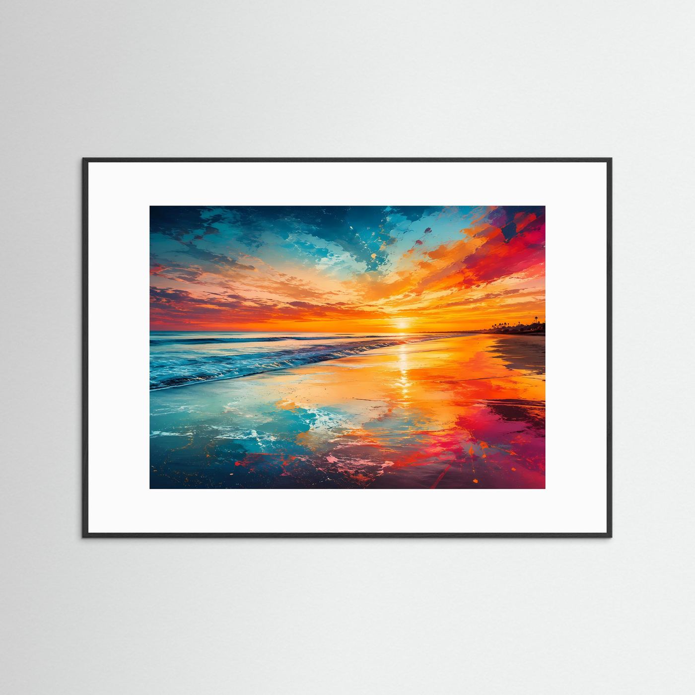 Sonnenuntergang am Strand Poster | Farbenfrohes Meerespanorama Wandbild | Moderne Küstenlandschaft mit leuchtendem Himmel