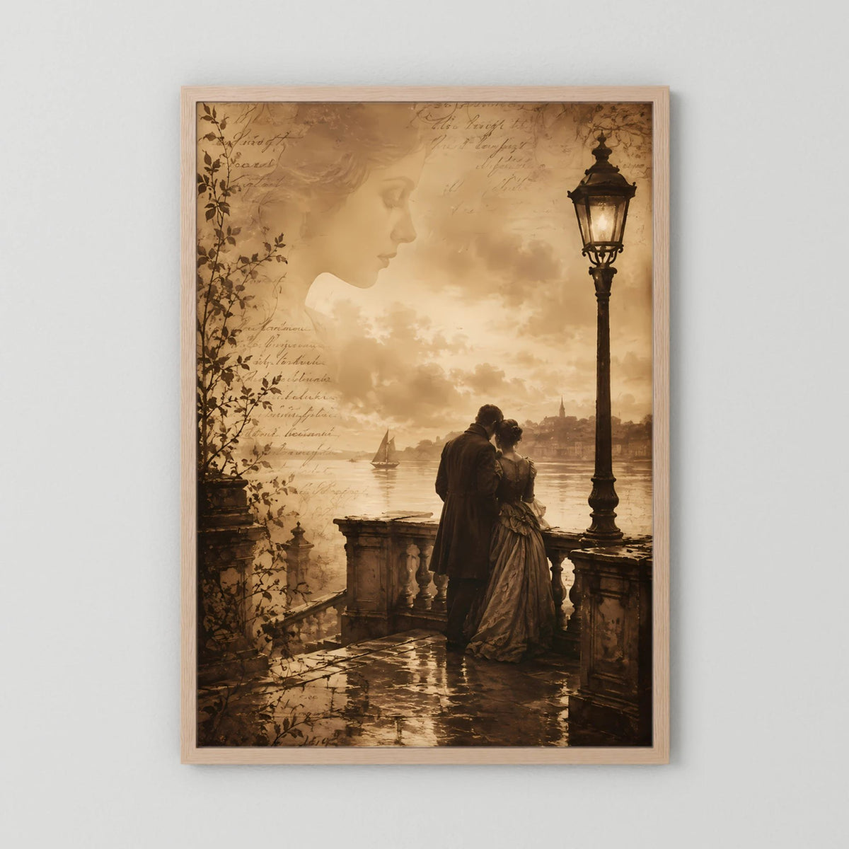 Hochformatiges Poster im Holzrahmen: Frau und Mann am Geländer, Laterne, sepia Motiv