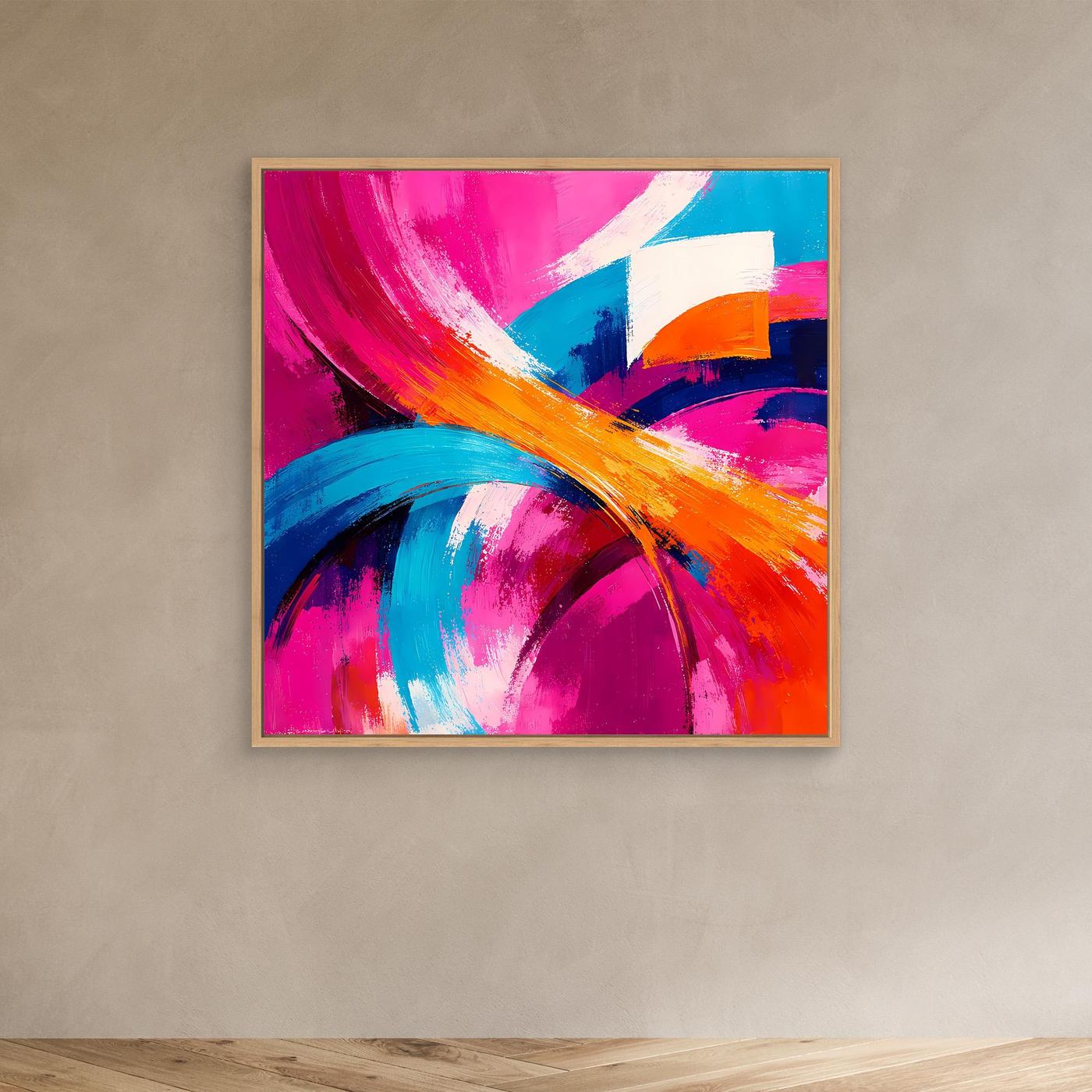 Leinwand-Abstraktbild mit Pinselstrichen in Pink, Blau und Orange, heller Holzrahmen.
