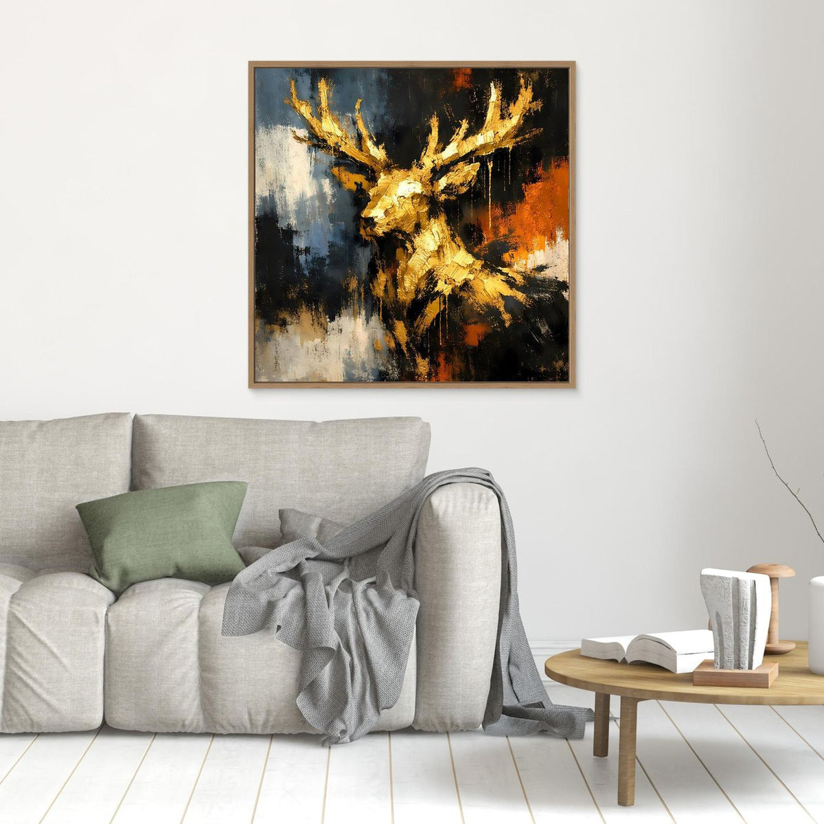 Leinwand-Wandbild: goldenes Hirschgeweih in abstraktem Schwarz, Blau und Orange, brauner Rahmen