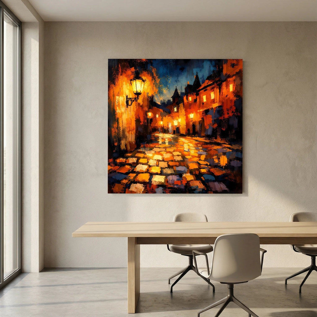 Leinwand Abstraktes Altstadt Gemälde | Modernes Romantisches Gassen Wandbild bei Nacht