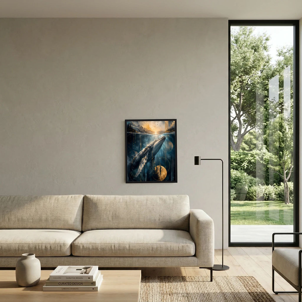 Gerahmtes Poster mit Wal unter Wasser, blau-goldene Ozeanlandschaft