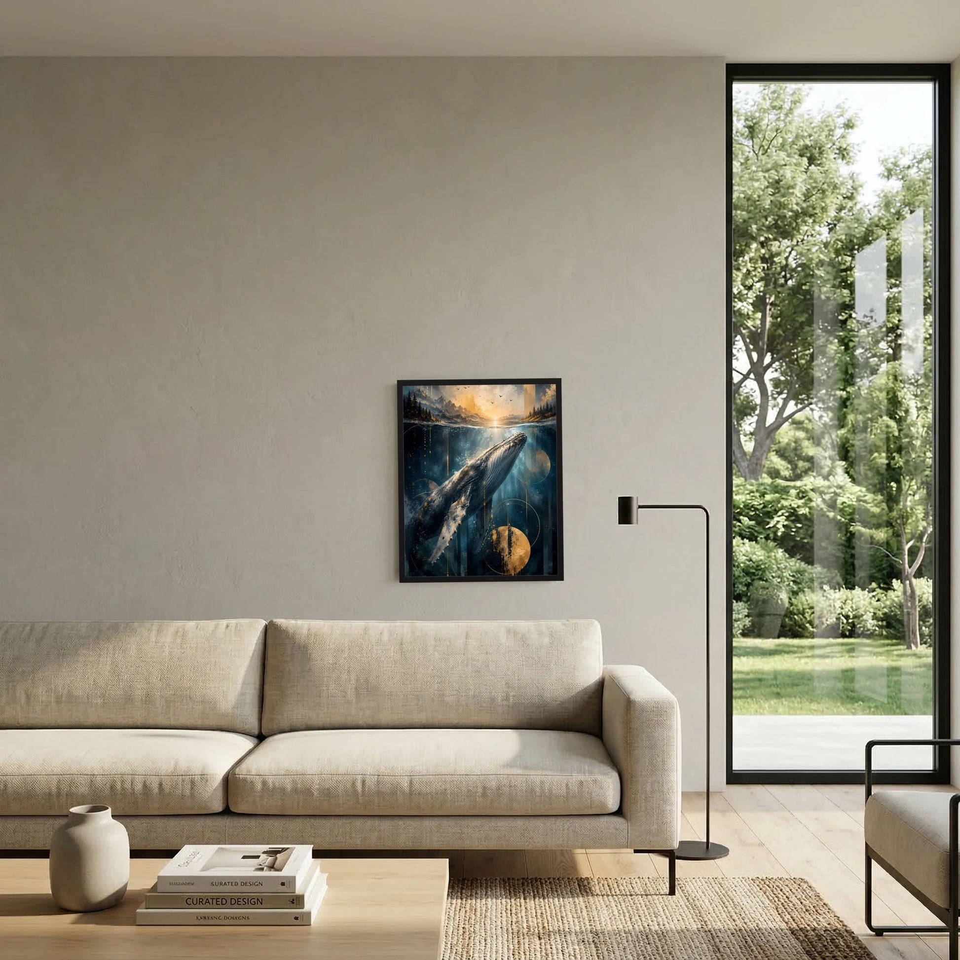 Gerahmtes Poster mit Wal unter Wasser, blau-goldene Ozeanlandschaft