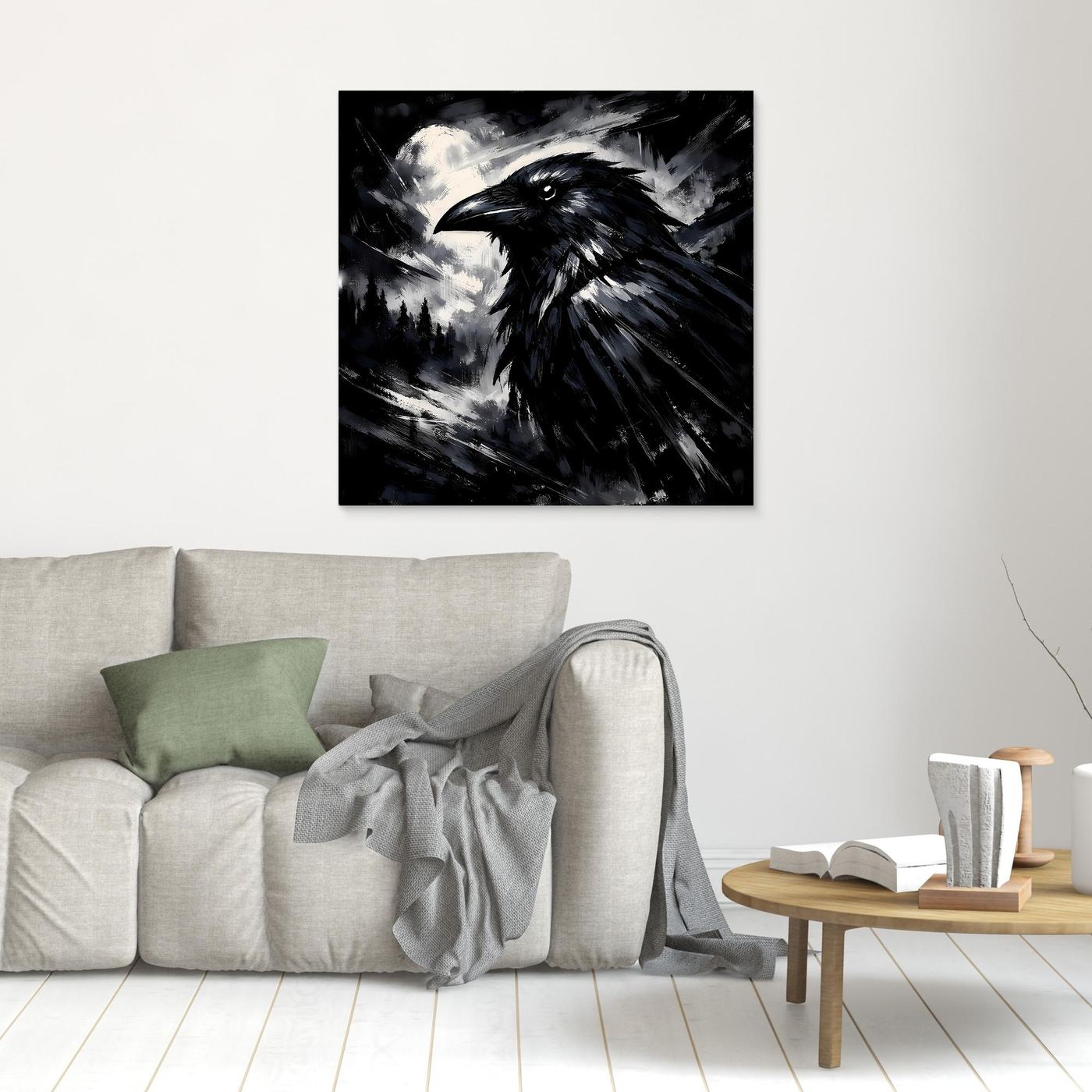 Quadratisches Wandbild mit schwarzem Rabenmotiv und silbriger Vollmondlandschaft, klein
