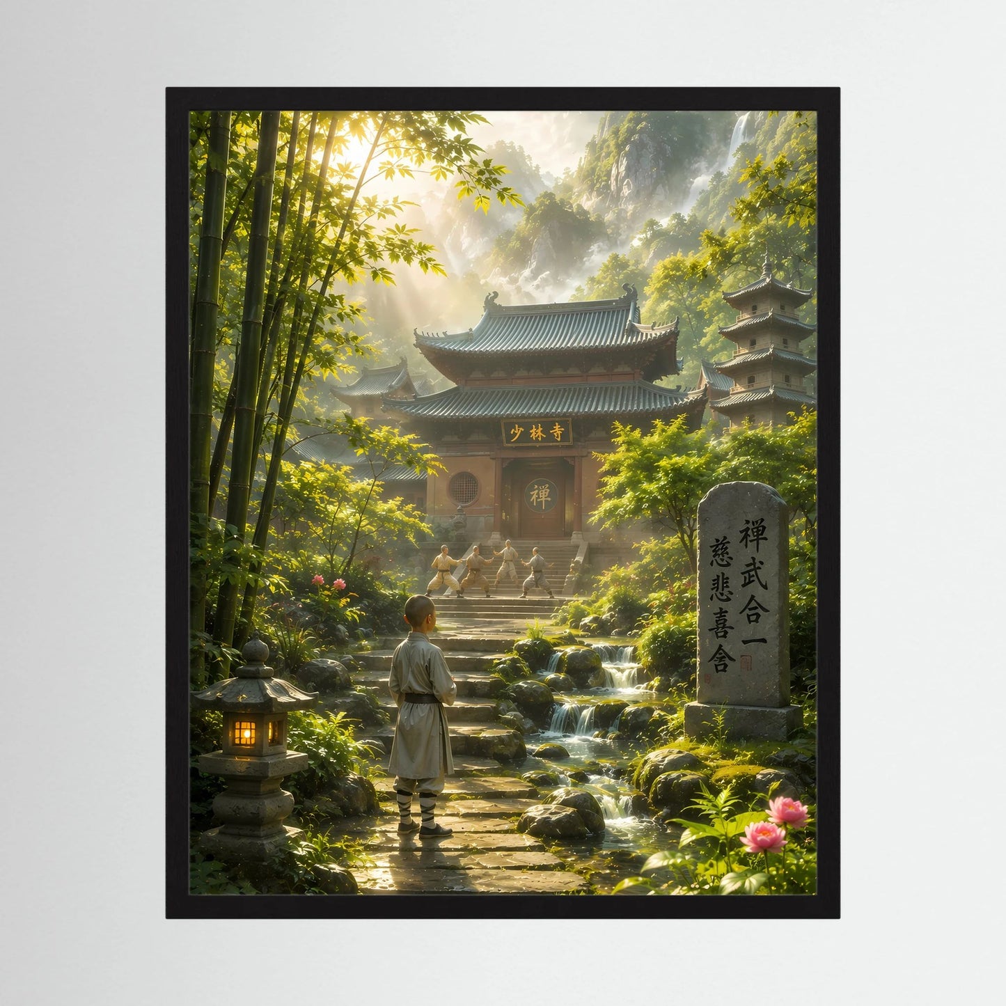 Hochformat-Poster mit schwarzem Rahmen, Weg im Bambuswald mit Tempel und Stele