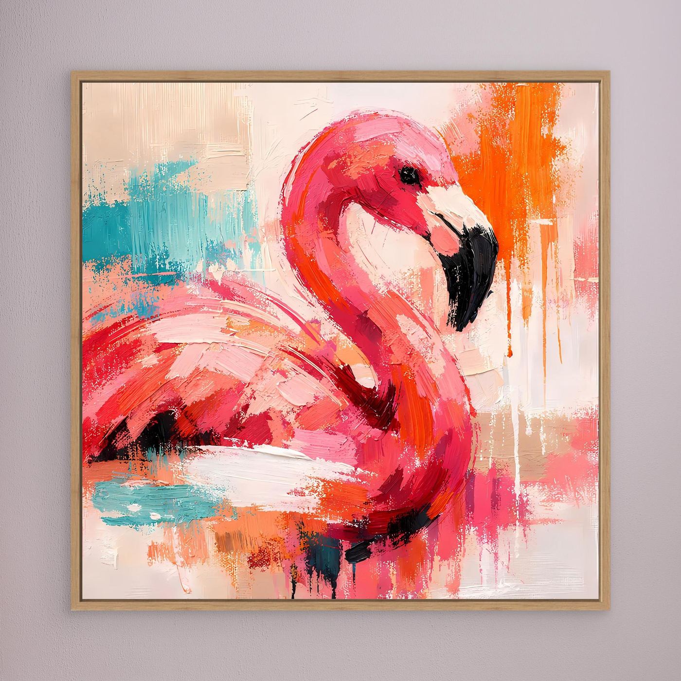 Gerahmtes Leinwandbild mit abstraktem Flamingo, rot, rosa und orange, Holzrahmen