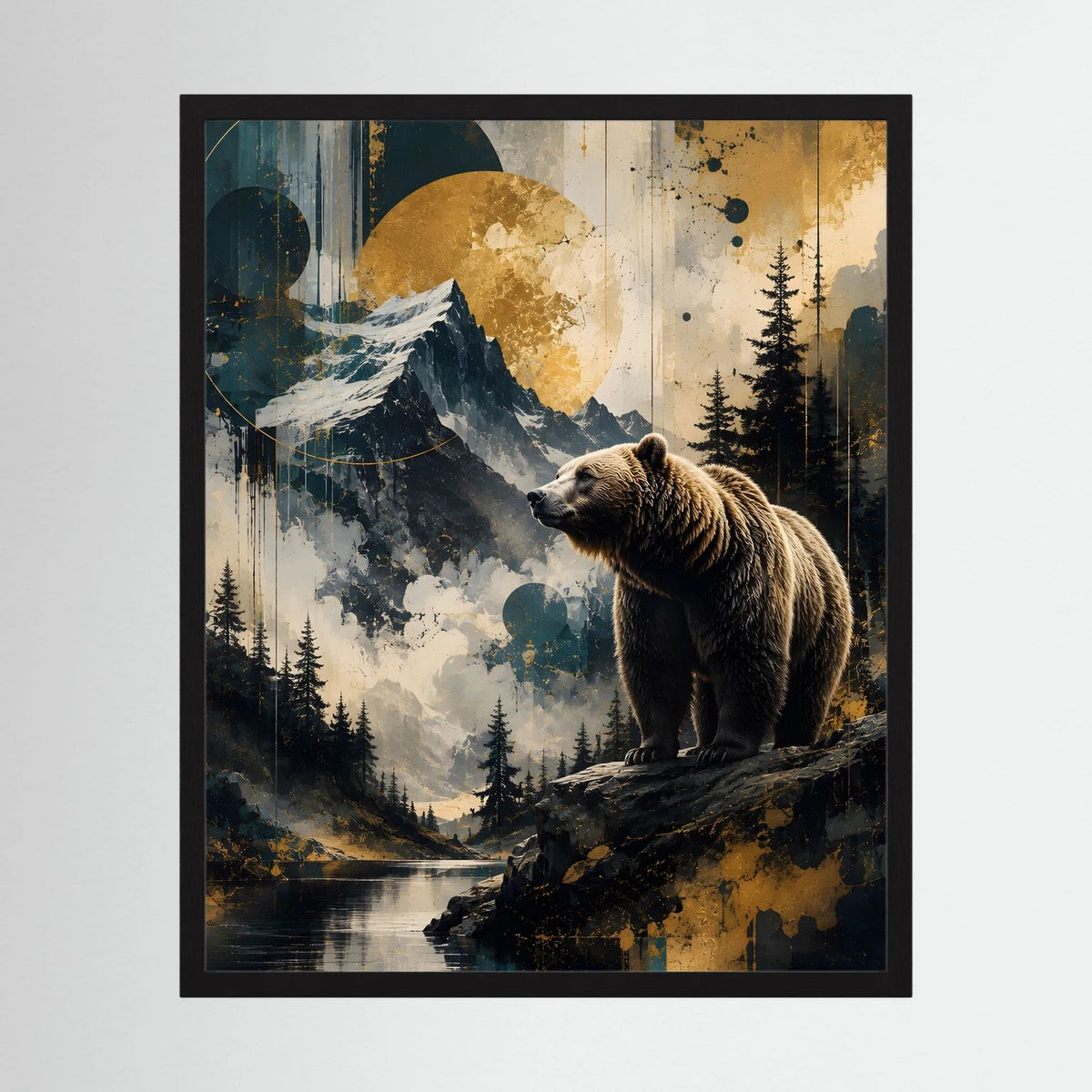 Wandposter im Hochformat mit Braunbär auf Felsen, gerahmt in schwarzem Rahmen